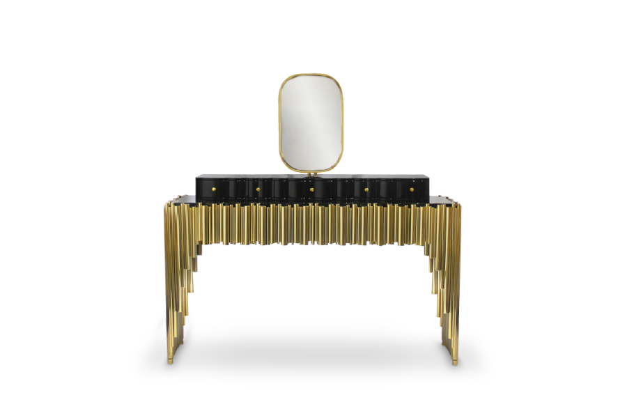 Symphony Makeup Vanity Table in Black Lacquered Glossy and Gold Plated Brass