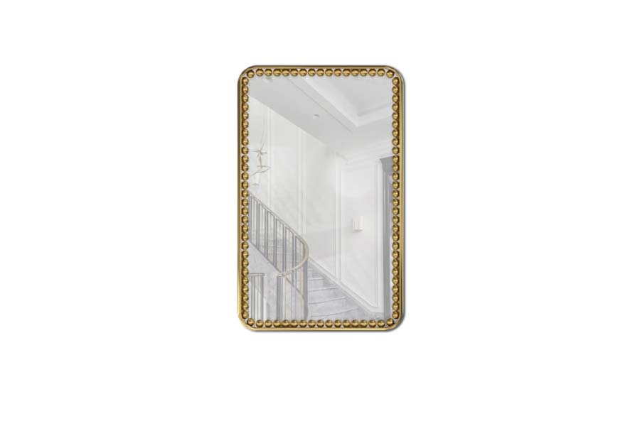 Orbis Rectangular Wall Mirror In Gold-Plated Brass With Detailed Frame