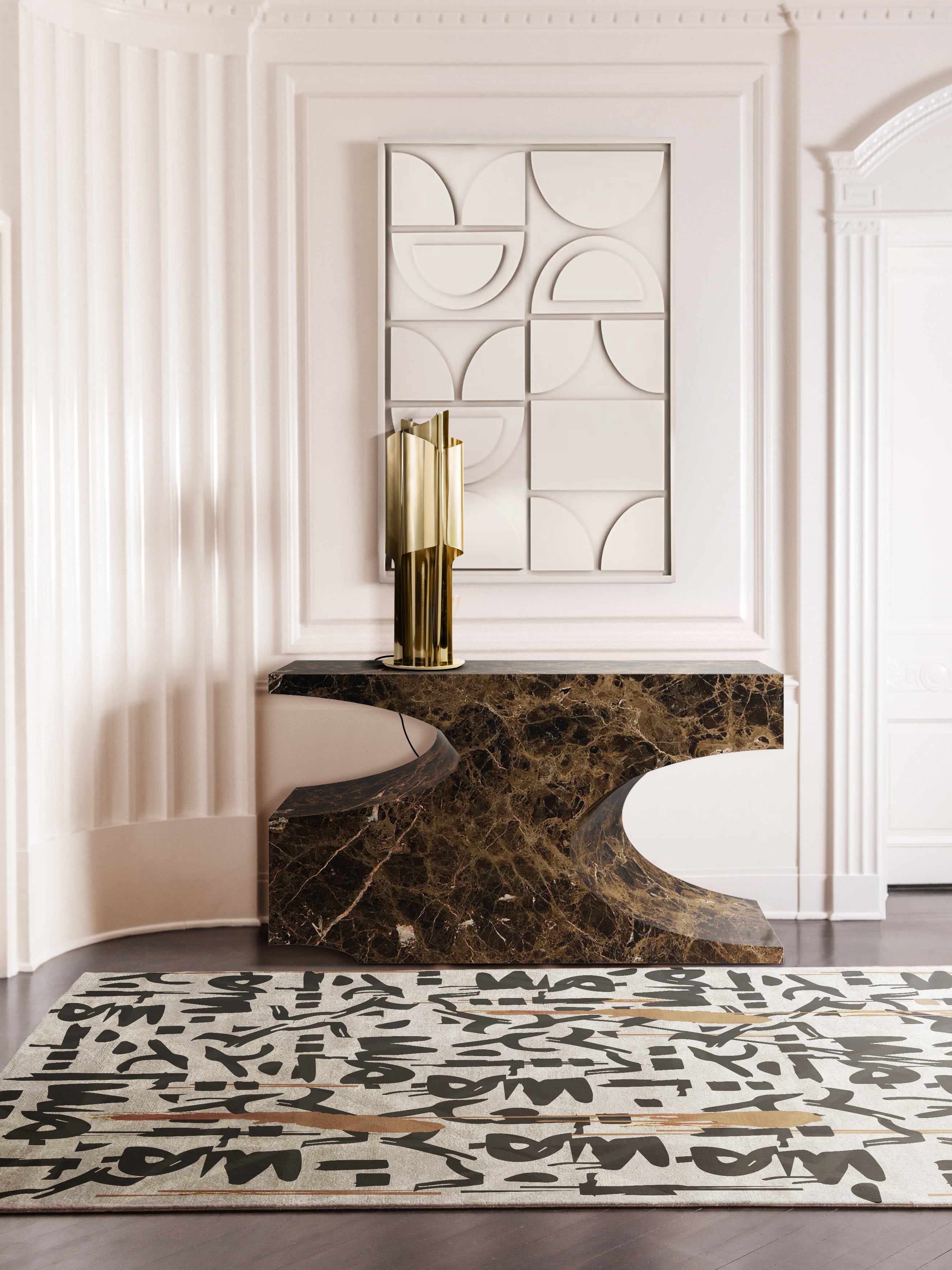 Modern Midcentury Hallway with Brown Console Table, Gold Table Light and Modern Area Rug - Home'Society