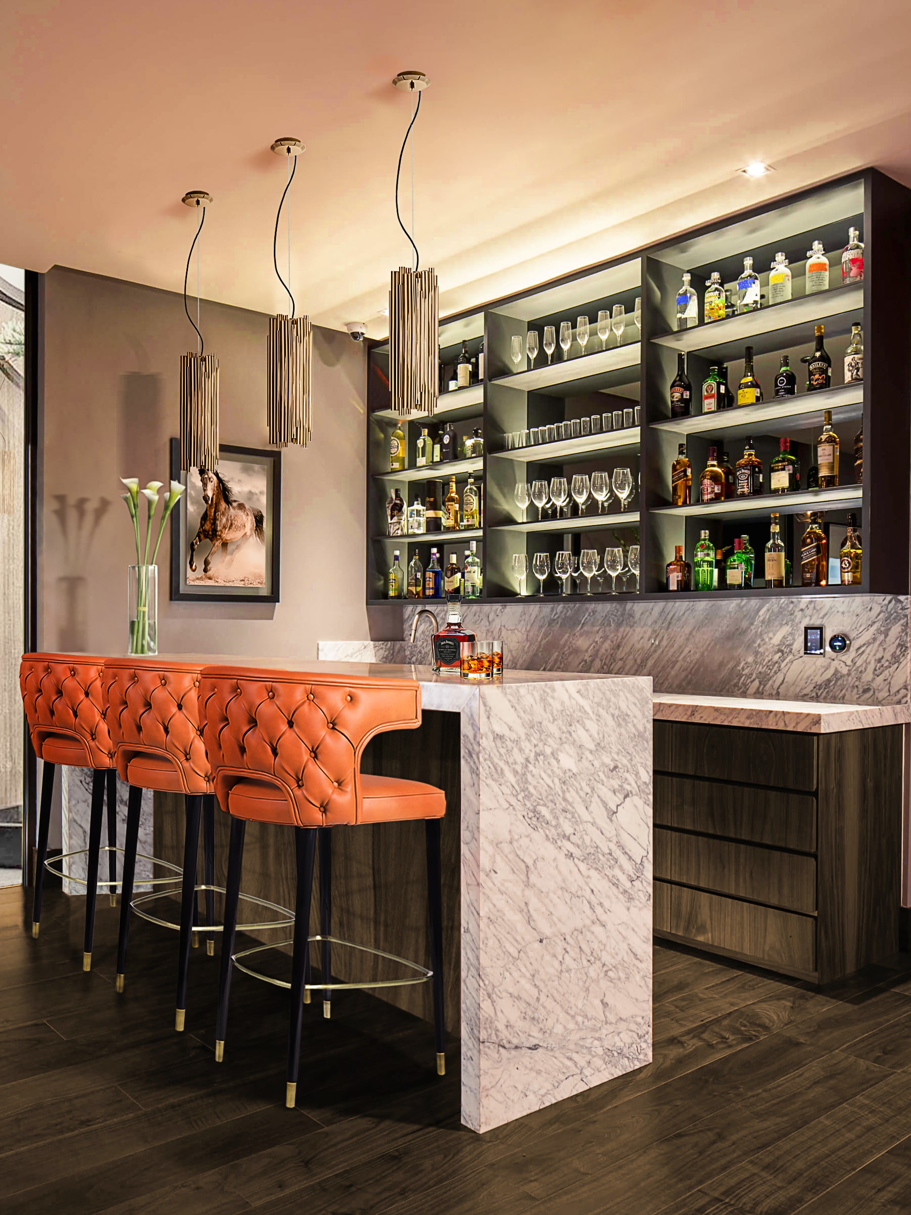 Modern Midcentury Home Bar Design With Brass Pendant Light - Home's Society