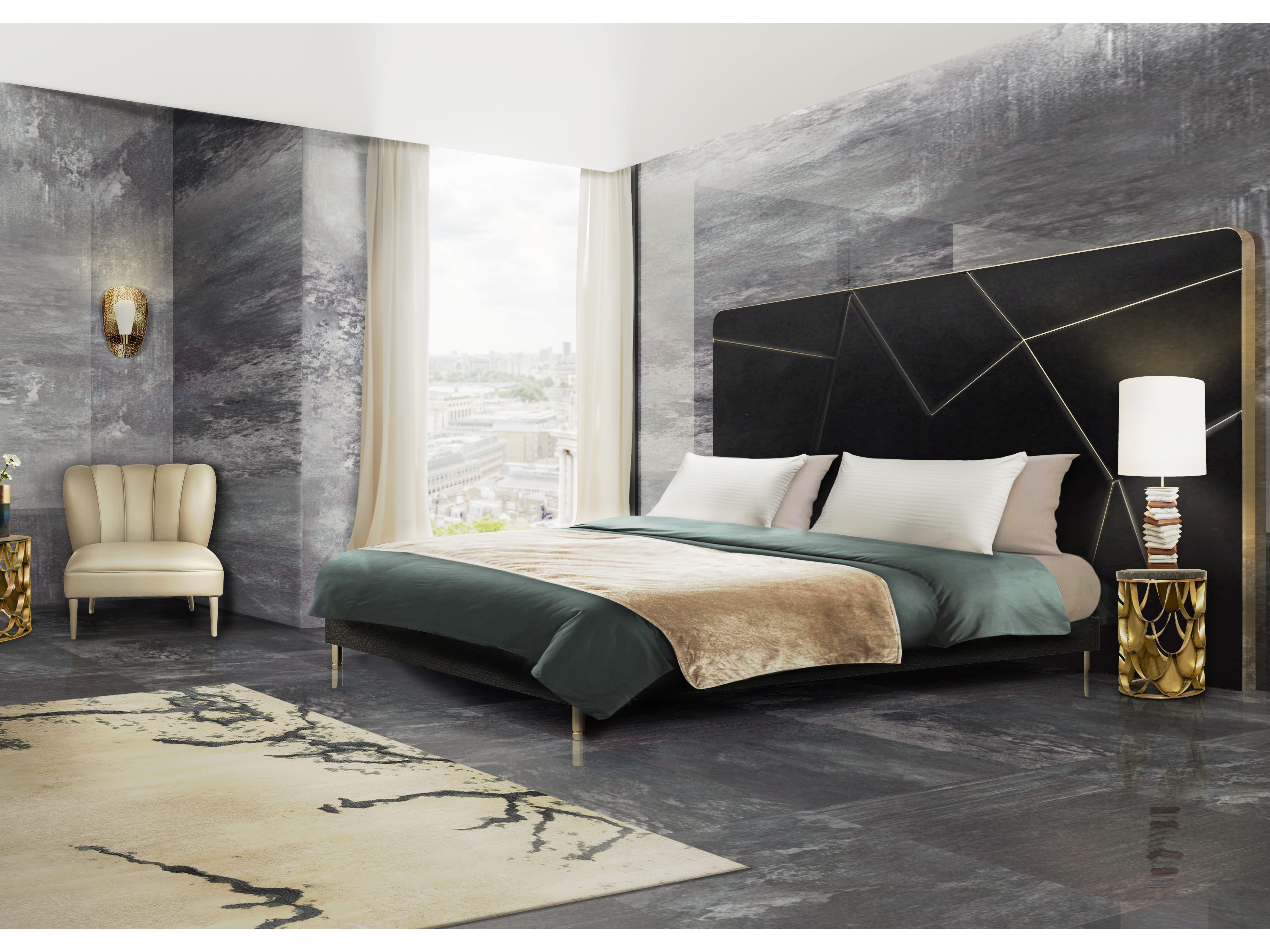 Modern Bedroom With Black Headboard And Brass Details - Home's Society