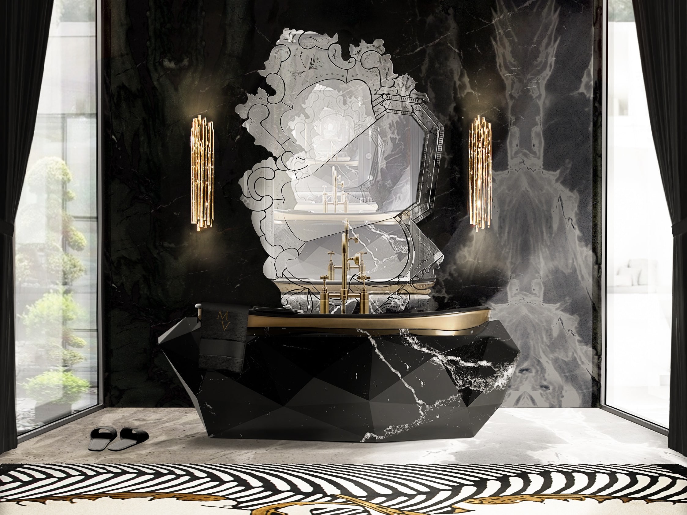Black Bathroom With Enchanting Mirror - Home'Society