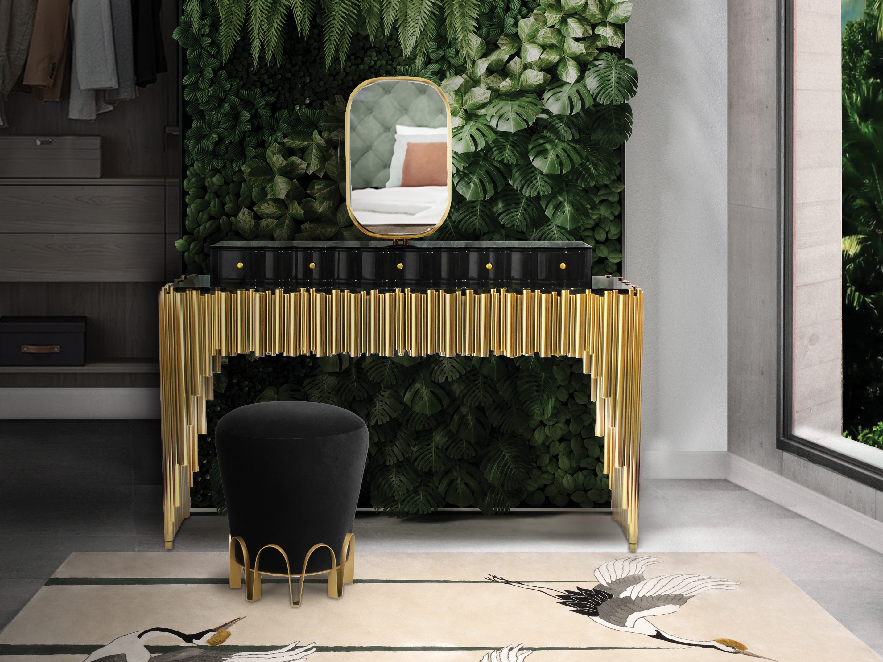 Modern Closet With Golden Dressing Table And Small Stool Home's Society