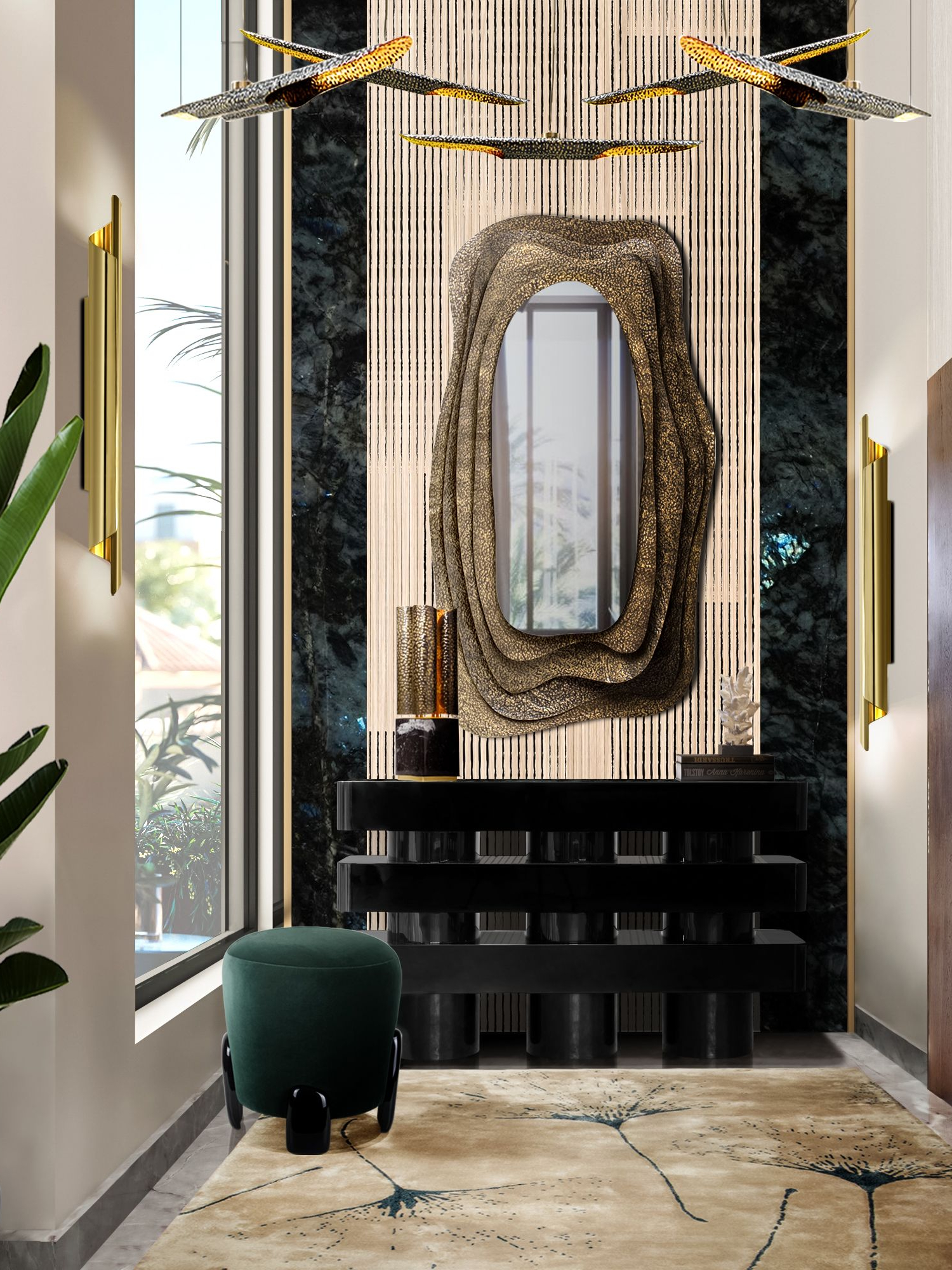 Hallway Interior Design With Unusually Shaped Mirror - Home's Society