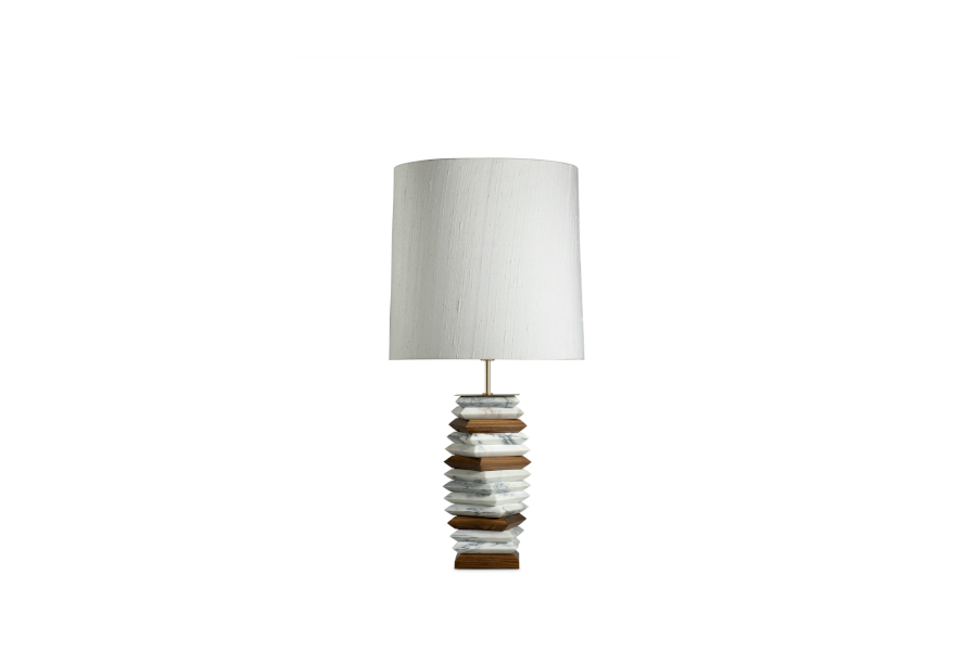 Apache Table Lamp in Marble, Wood and Brass with Satin Lampshade