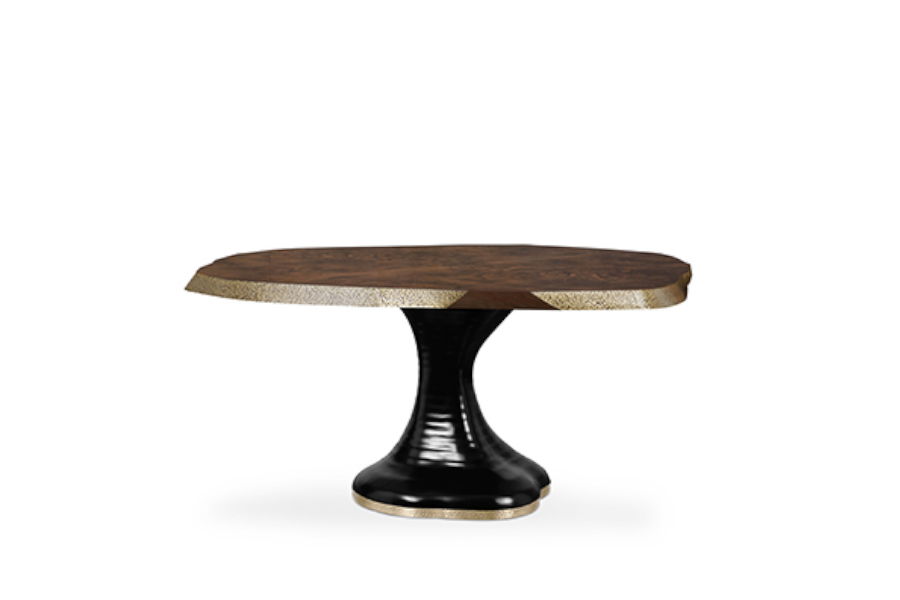 Plateau Round Wood Dining Room Table with Brass Details and Black Lacquer Base