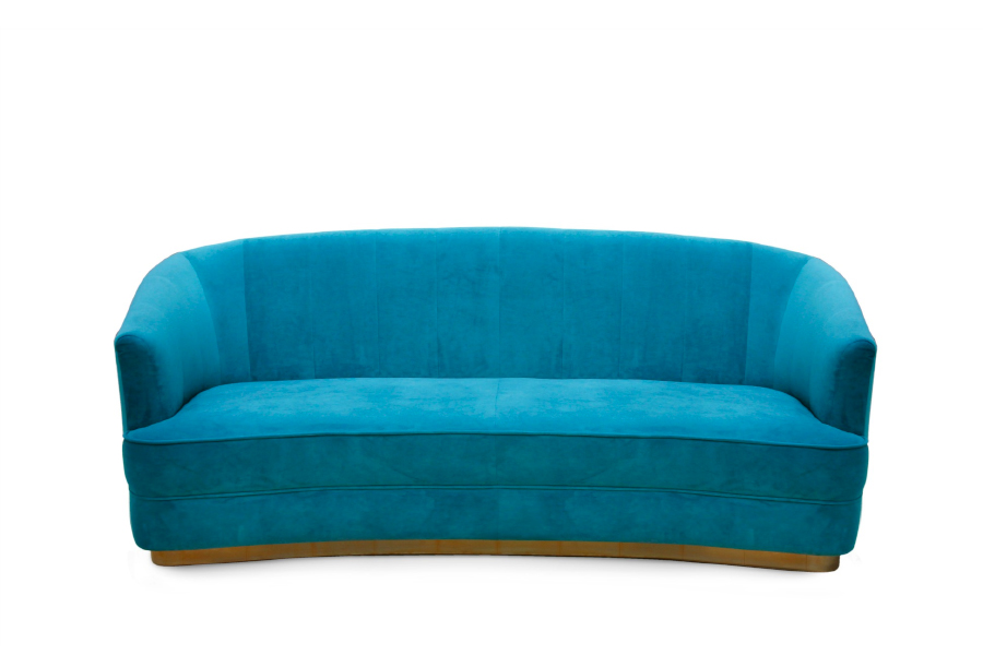 Saari Blue Velvet Sofa with Vintage Brass Details Modern Contemporary
