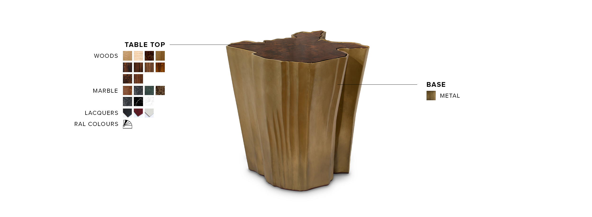 Sequoia Side Table Big - Walnut Root Venner with a Base in Brass with Aged Patina - Home'Society