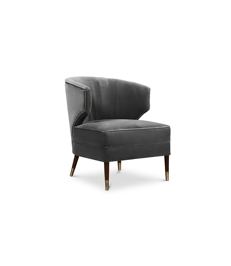 Ibis Armchair - Grey Velvet with Brass Nailhead Trim Modern Design - Home'Society
