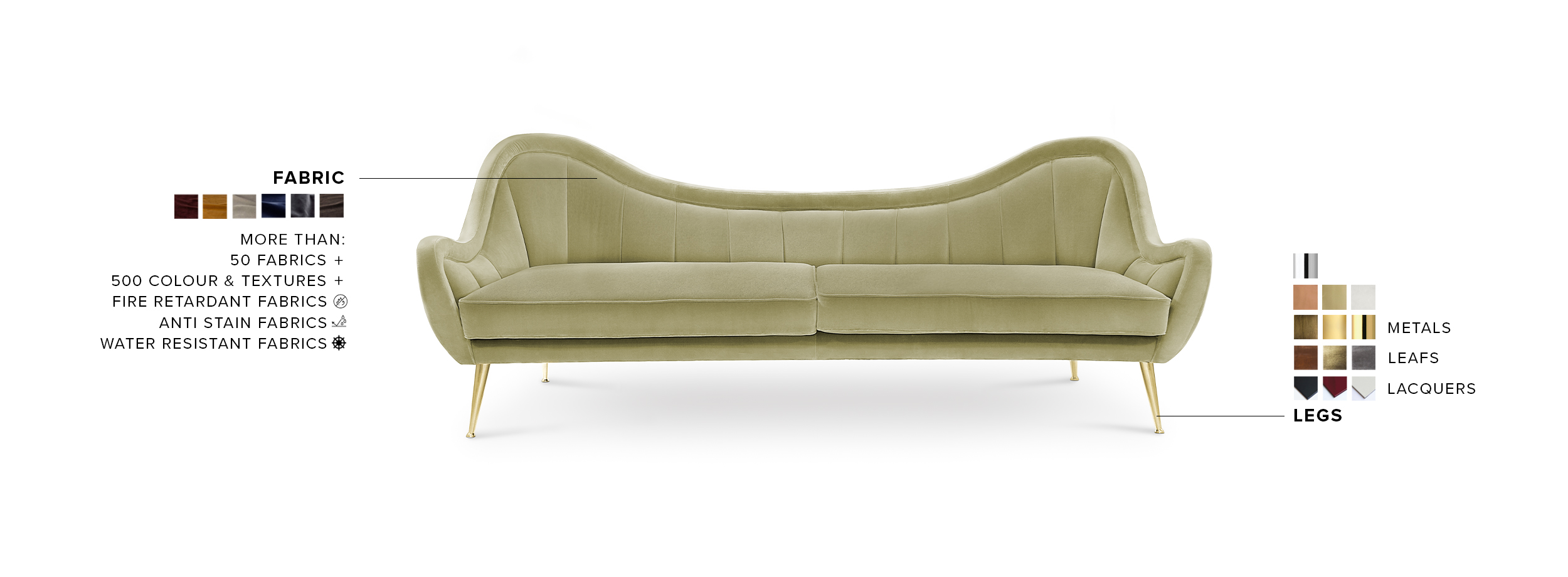 Hermes Sofa - Upholstered In Velvet With Polished Brass Legs - Home'Society