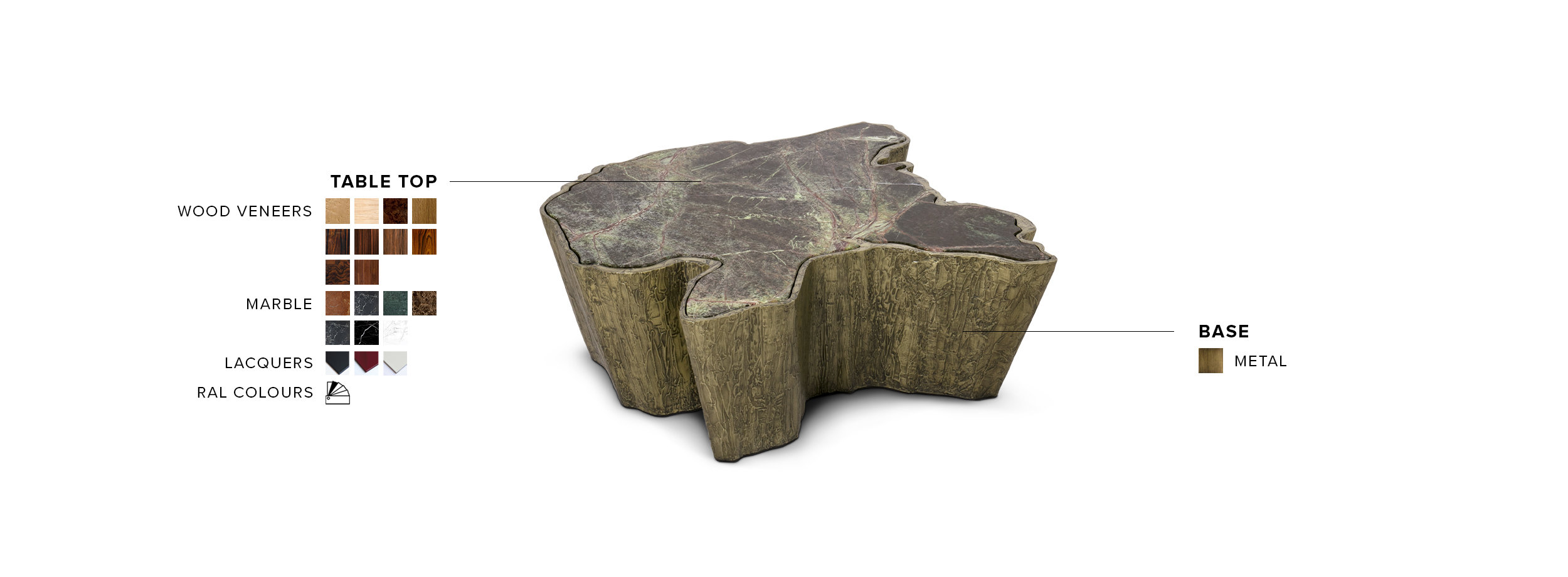 Sequoia II Coffee Table - with Forest Green Marble Tabletop and Metal Base - Home'Society