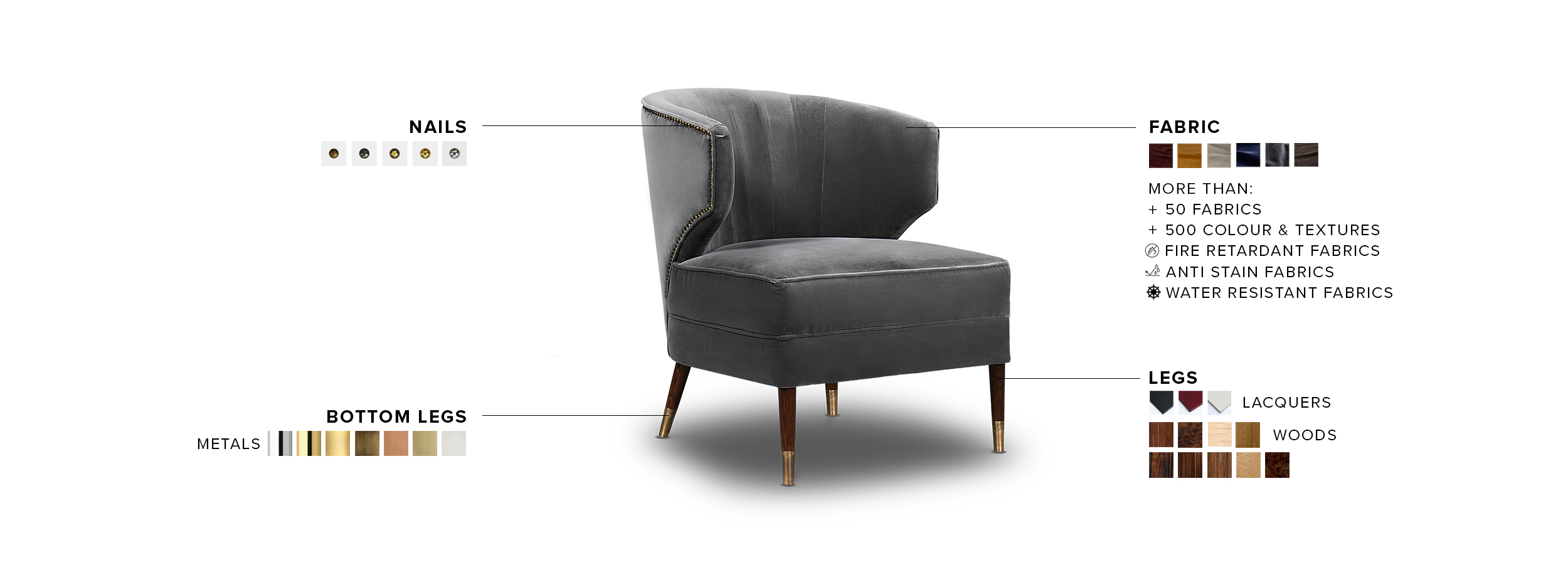Ibis Armchair - Grey Velvet with Brass Nailhead Trim Modern Design - Home'Society