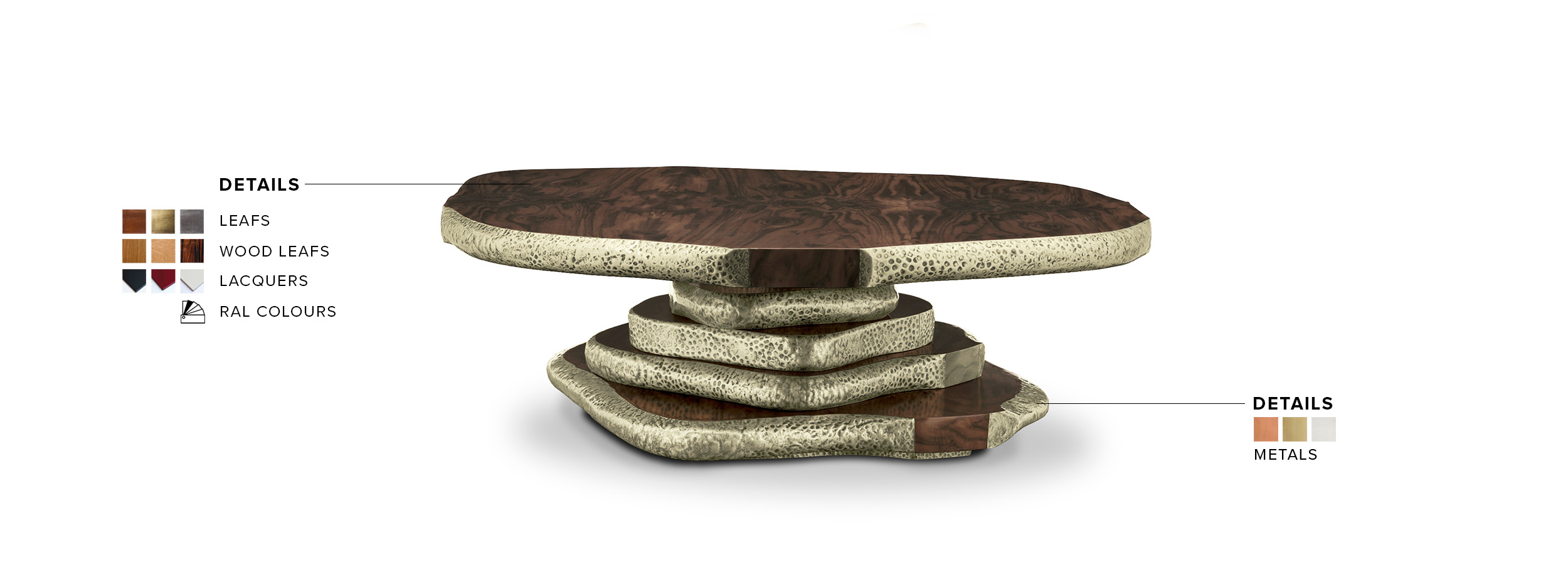 Latza Coffee Table - Walnut Root Veneer with Hammered Brass Details - Home'Society