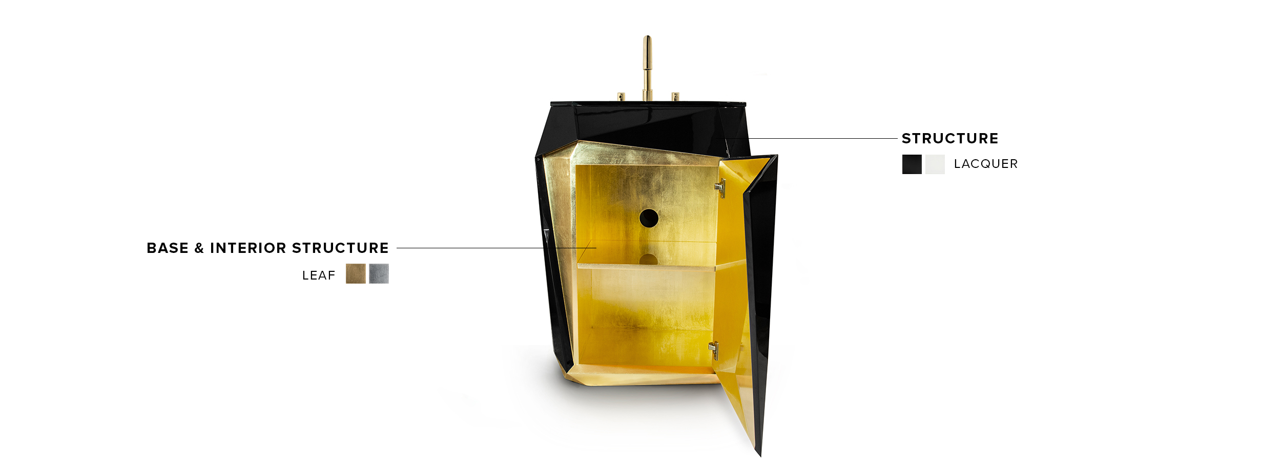 Diamond Pedestal Sink - Black Lacquered Wood and Gold Details - Home'Society