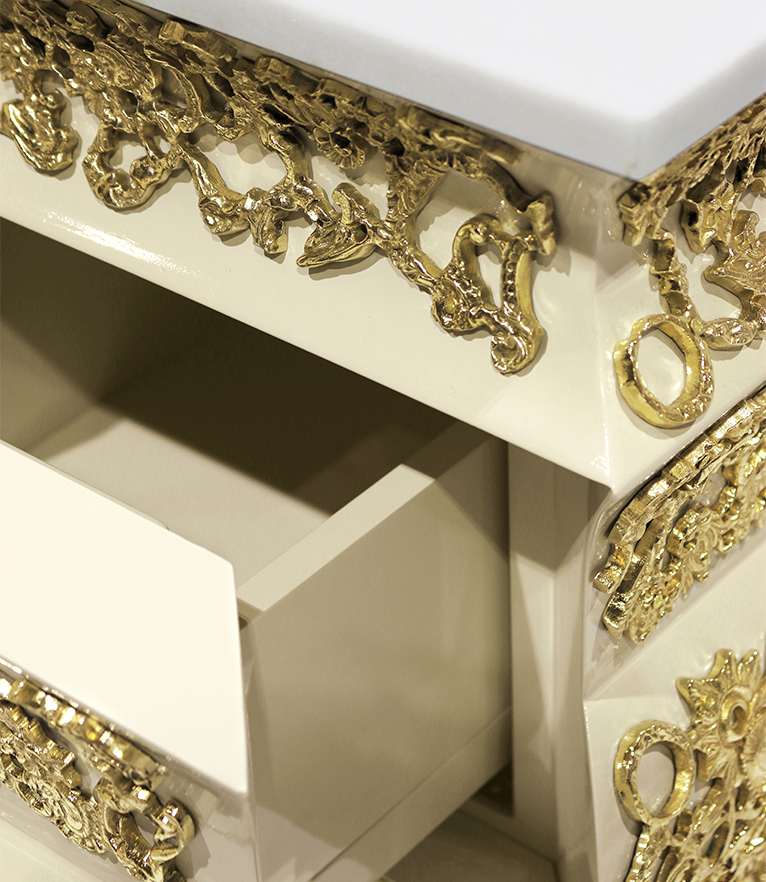 Crochet Vanity Cabinet - Bathroom Glossy White-Cream Lacquered Wood Vanity and Brass Details - Home'Society
