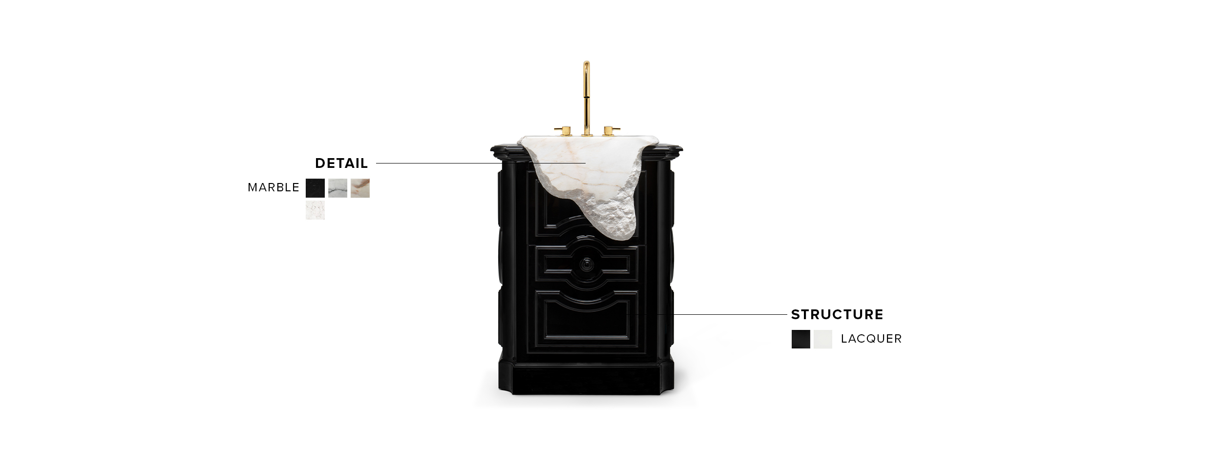 Petra Pedestal Sink: Estremoz Marble and High Gloss Black Wood - Home'Society