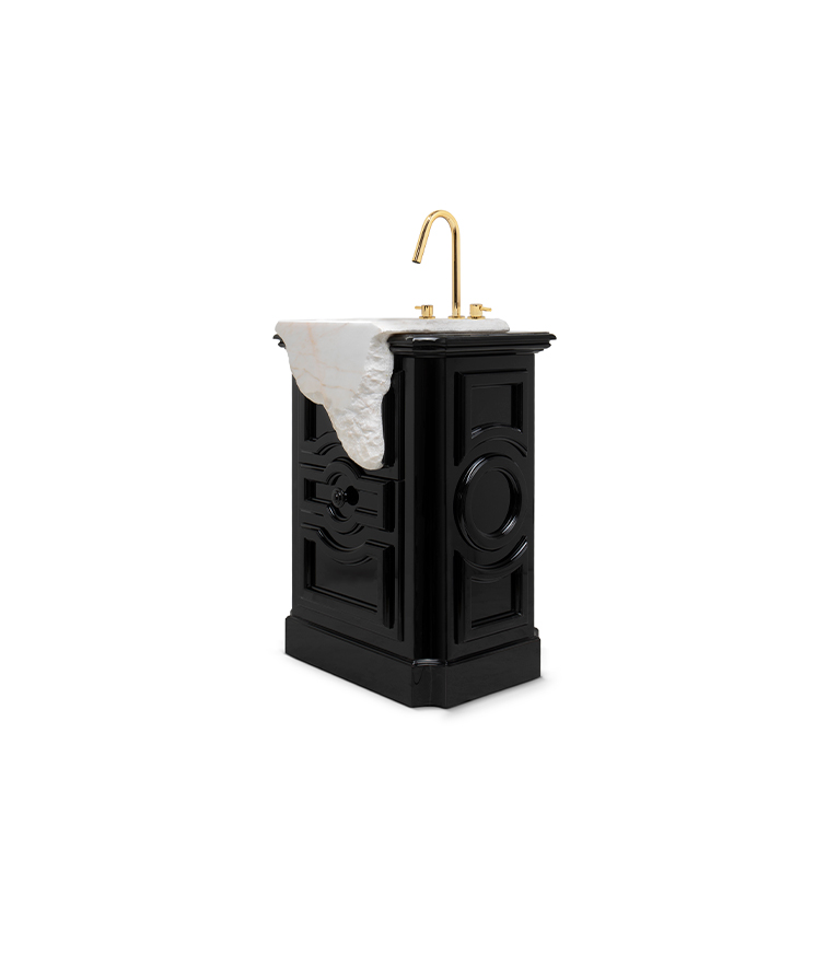 Petra Pedestal Sink: Estremoz Marble and High Gloss Black Wood - Home'Society