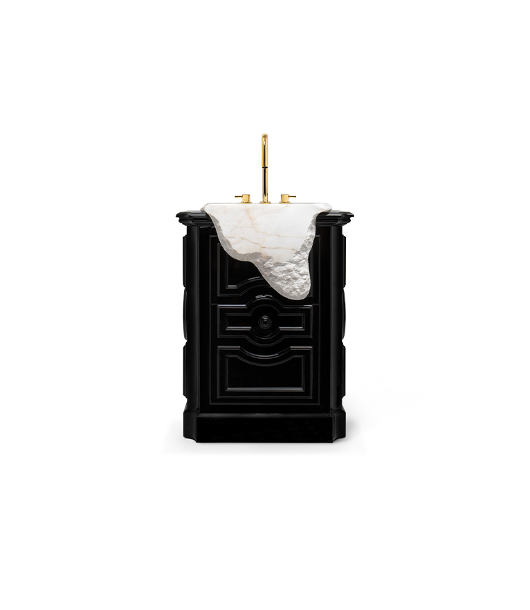 Petra Pedestal Sink: Estremoz Marble and High Gloss Black Wood - Home'Society