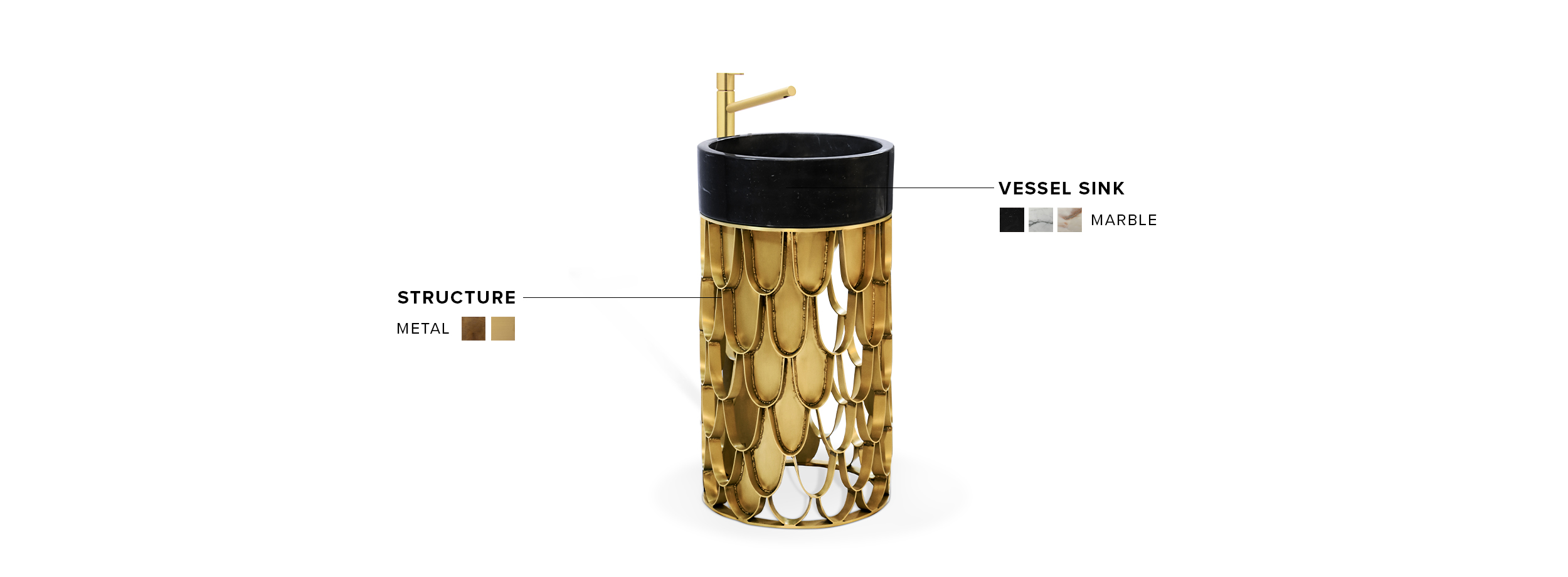 Koi Pedestal Sink - Brushed Brass Matte and Sink in Black Marble - Home'Society