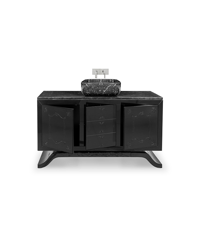 Metropolitan Vanity Cabinet - Wood With Black Lacquer and Marble Sink Vanity - Home'Society