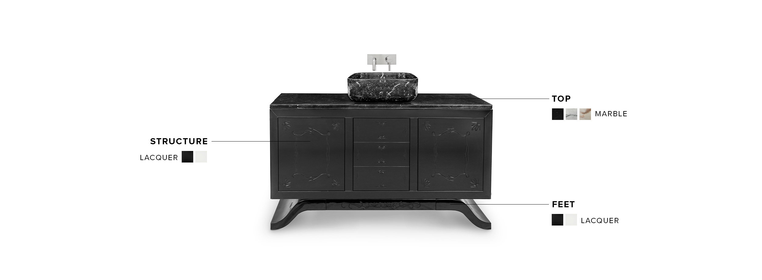 Metropolitan Vanity Cabinet - Wood With Black Lacquer and Marble Sink Vanity - Home'Society