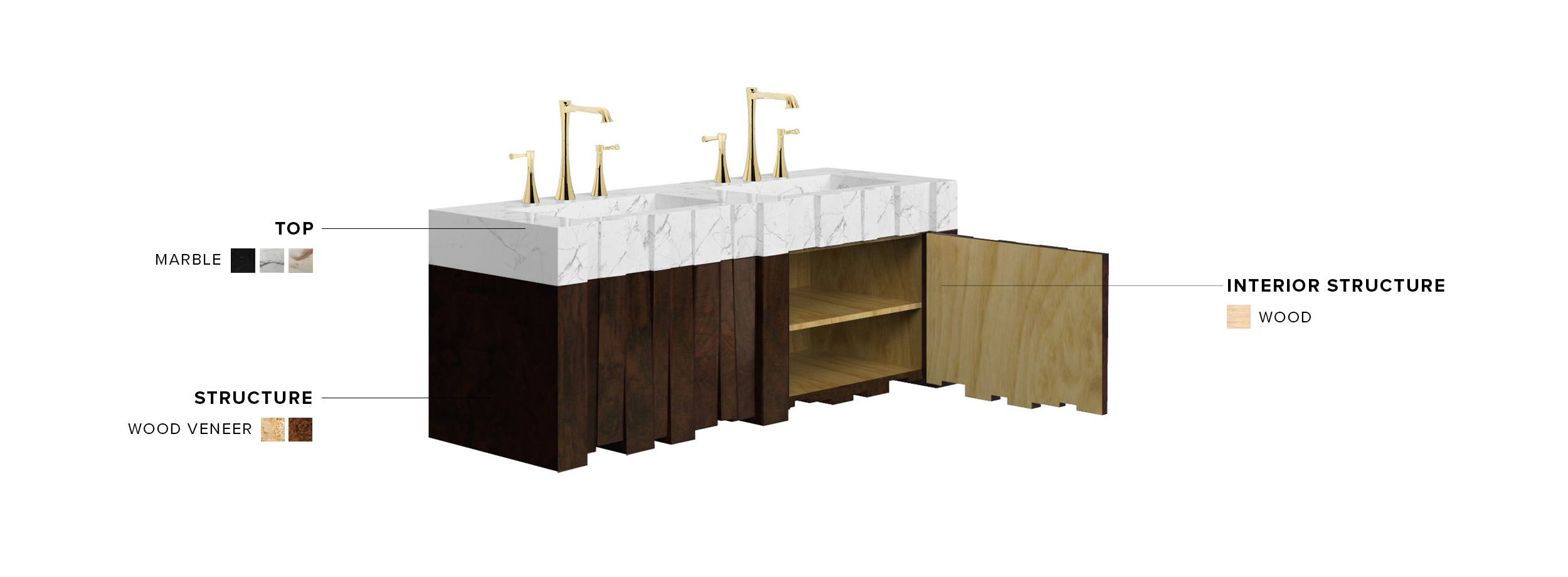 Nazca Wall Mounted Vanity Cabinet - Matte Walnut Root Veneer With A Marble Sink For A Modern Design - Home'Society