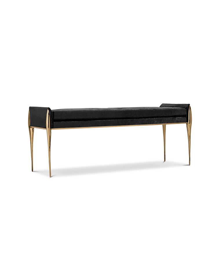 Stiletto Bench - Black Velvet Upholstered Polished Brass - Home'Society