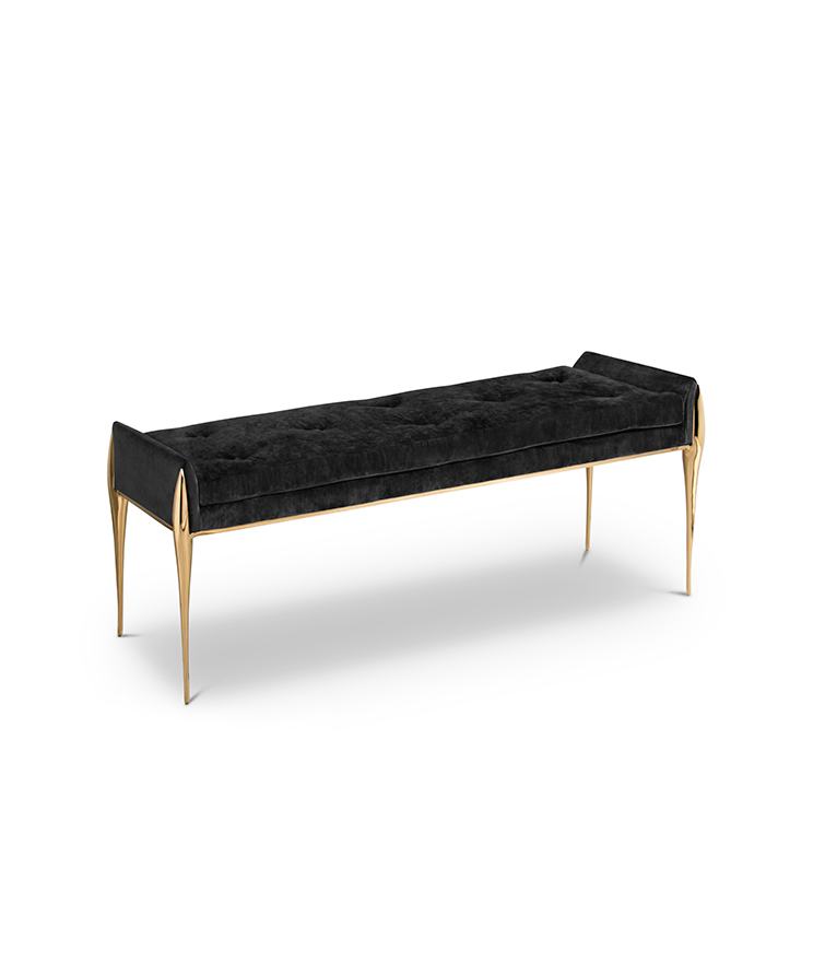 Stiletto Bench - Black Velvet Upholstered Polished Brass - Home'Society