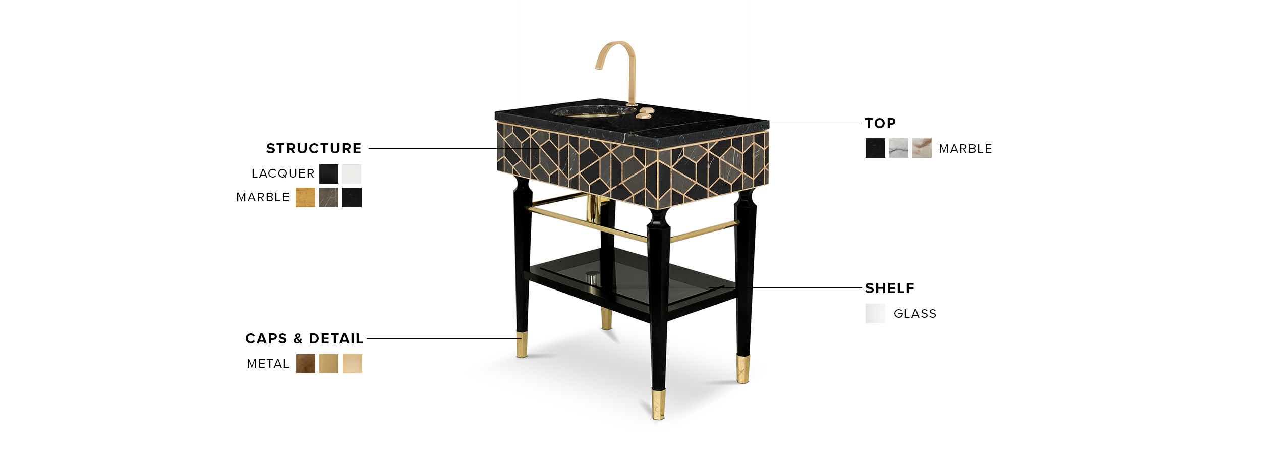 Tortoise Single Vanity Cabinet - Structured In High Gloss Black Lacquer With Brass Feet - Home'Society