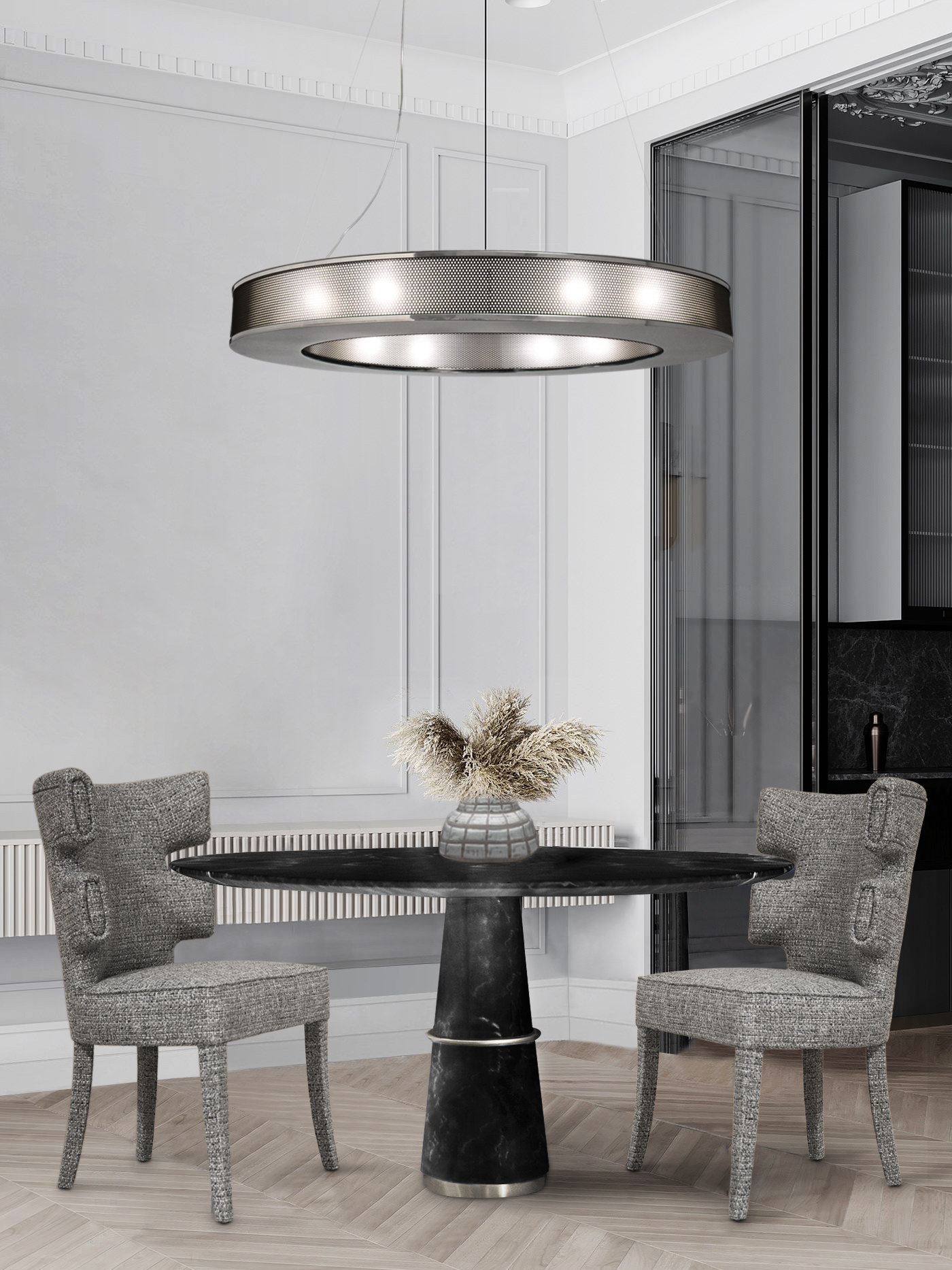 Monochromatic Dining Room Area With Marble Dining Table - Home'Society