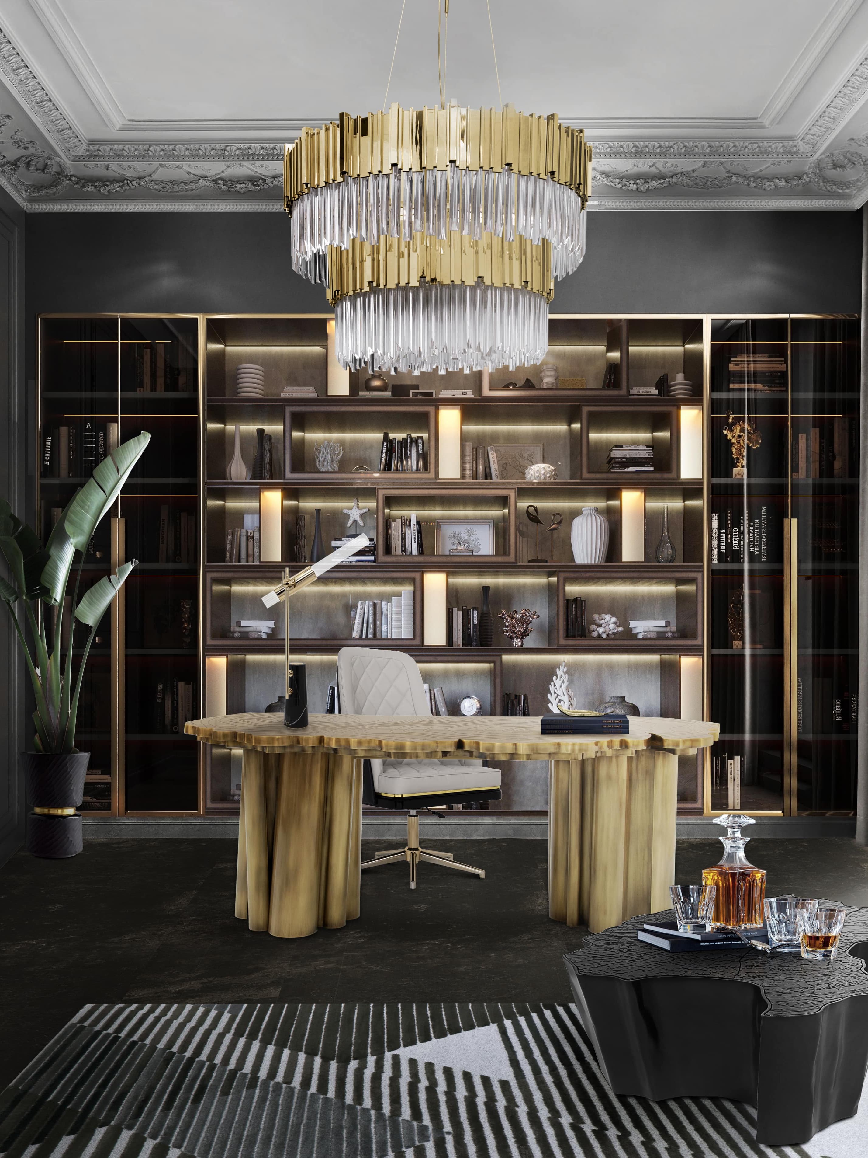 Office Interior Design With Geometric Rug and Golden Patterns - Home'Society