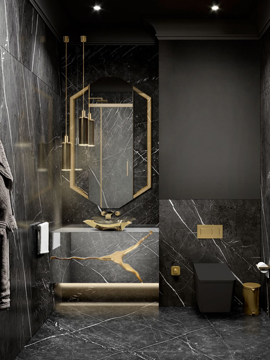 Black Bathroom With Reflective Wall Mounted Vanity - Home'Society