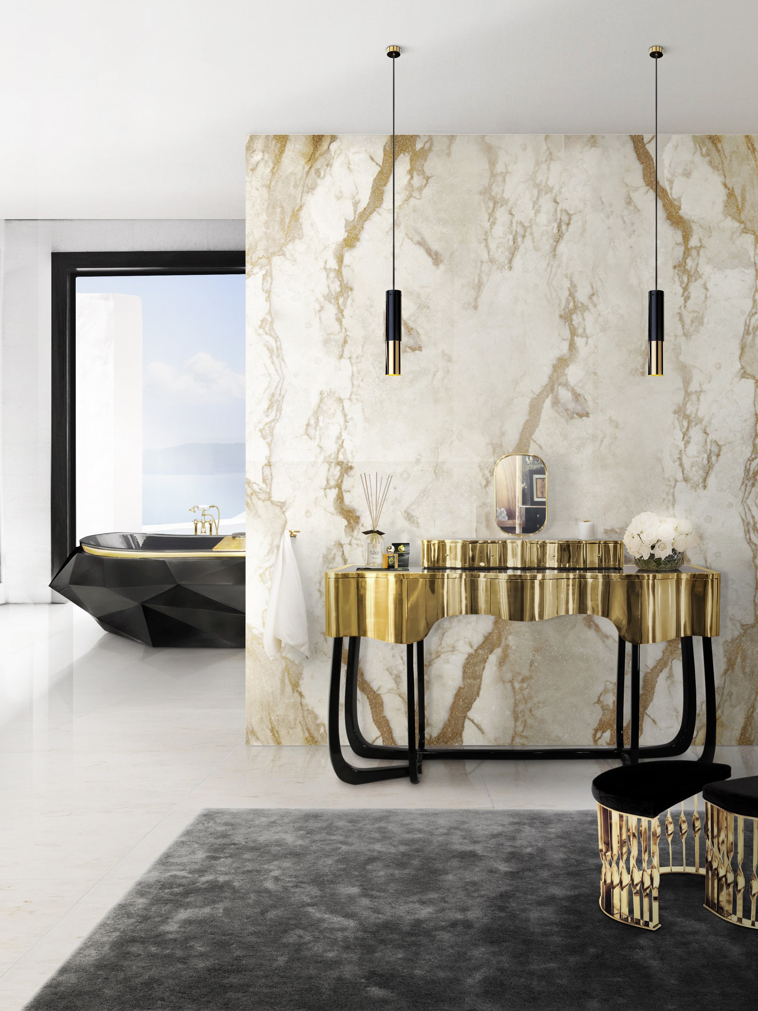 Striking Luxury Bathroom With Natural Light And Golden Vanity - Home'Society