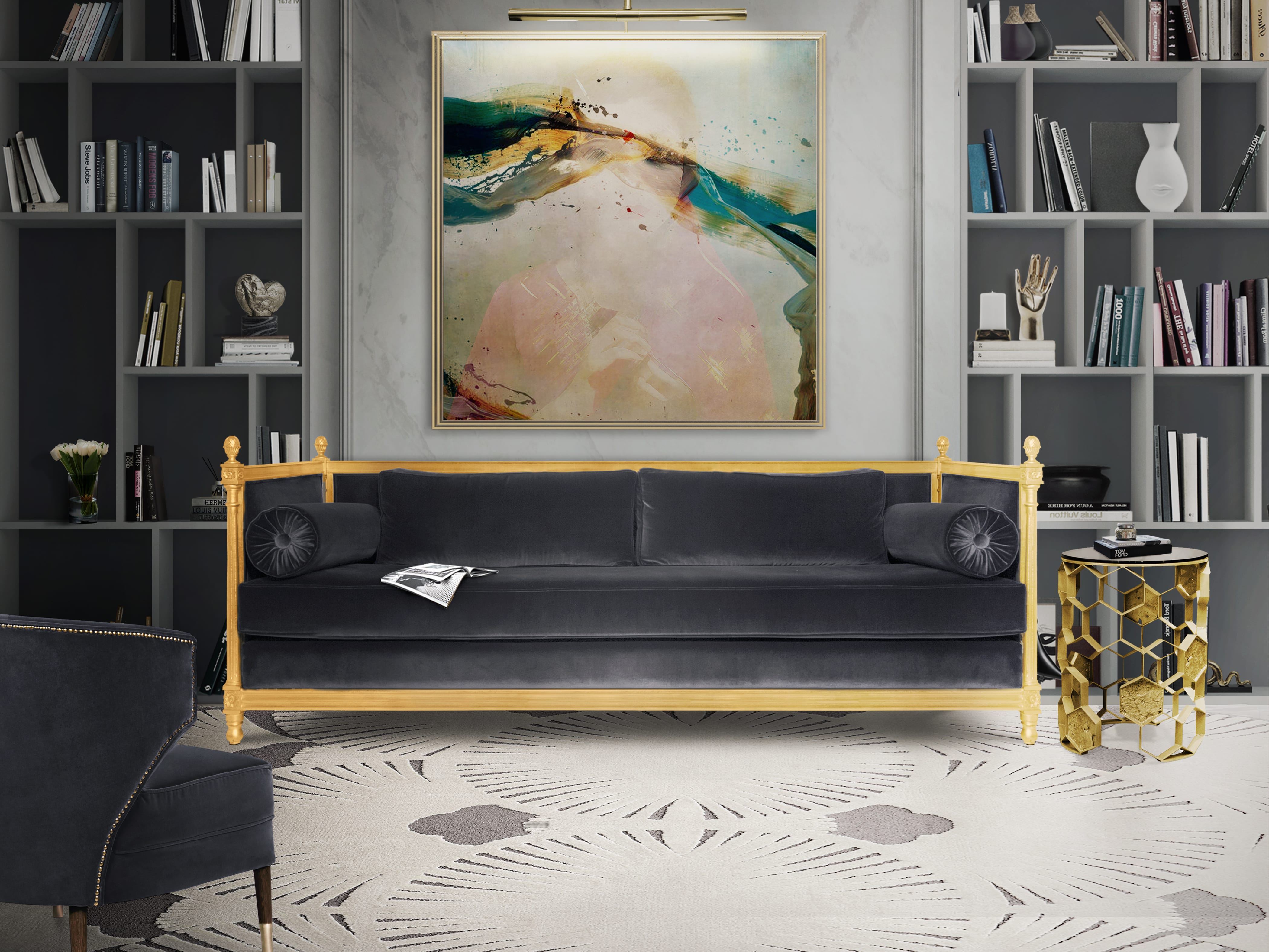 Contemporary Home Library With Matte Brass - Home'Society