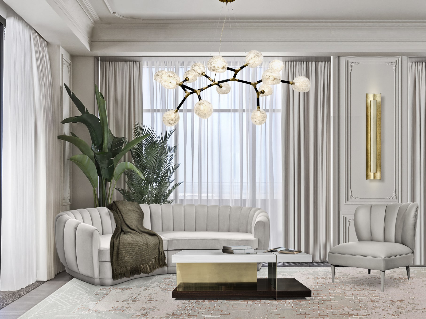Light High-End Living Room With Unforgetable Chandelier - Home'Society