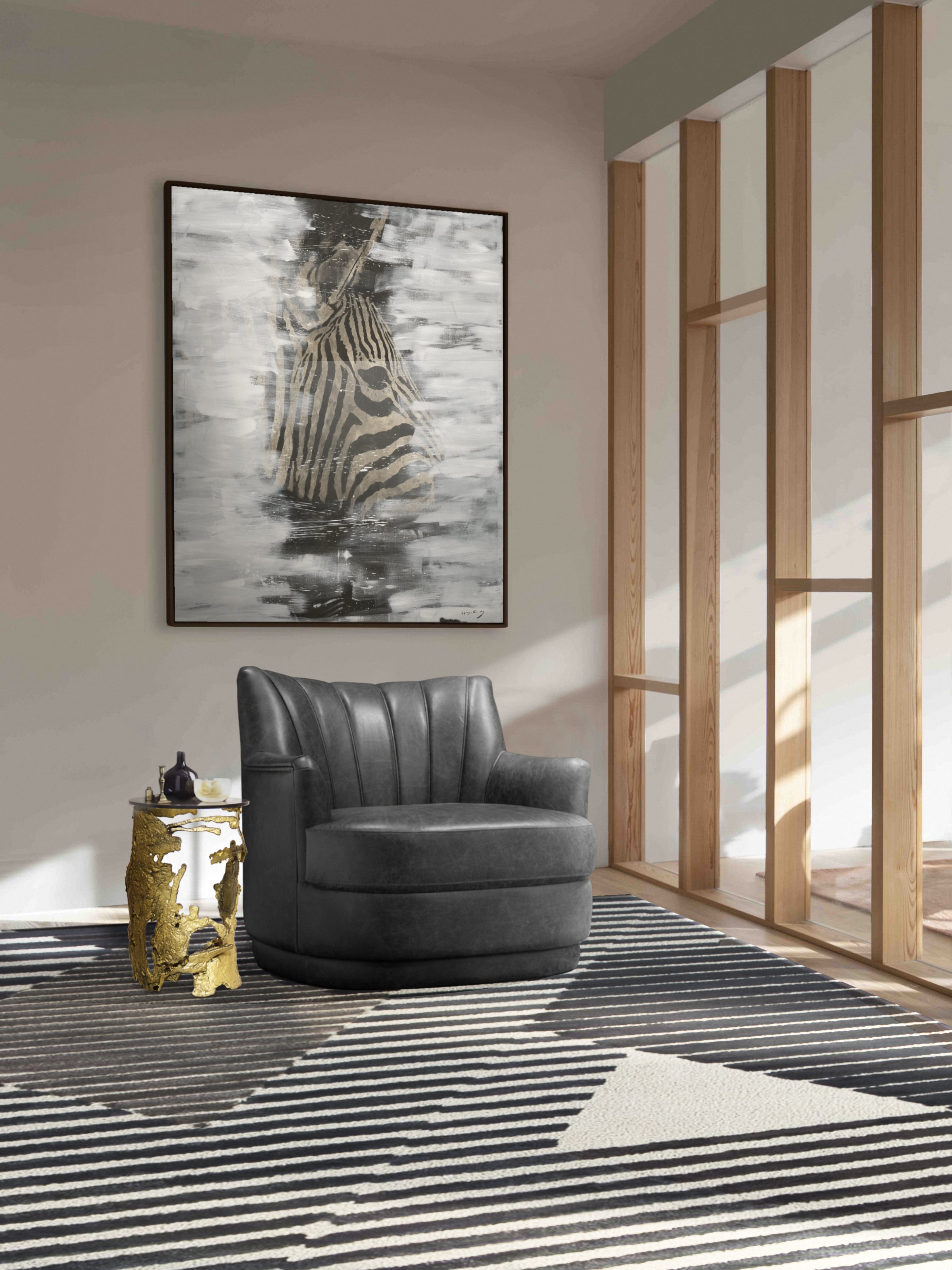 Neutral Home Library With Grey Tones And Geometric Rug - Home'Society