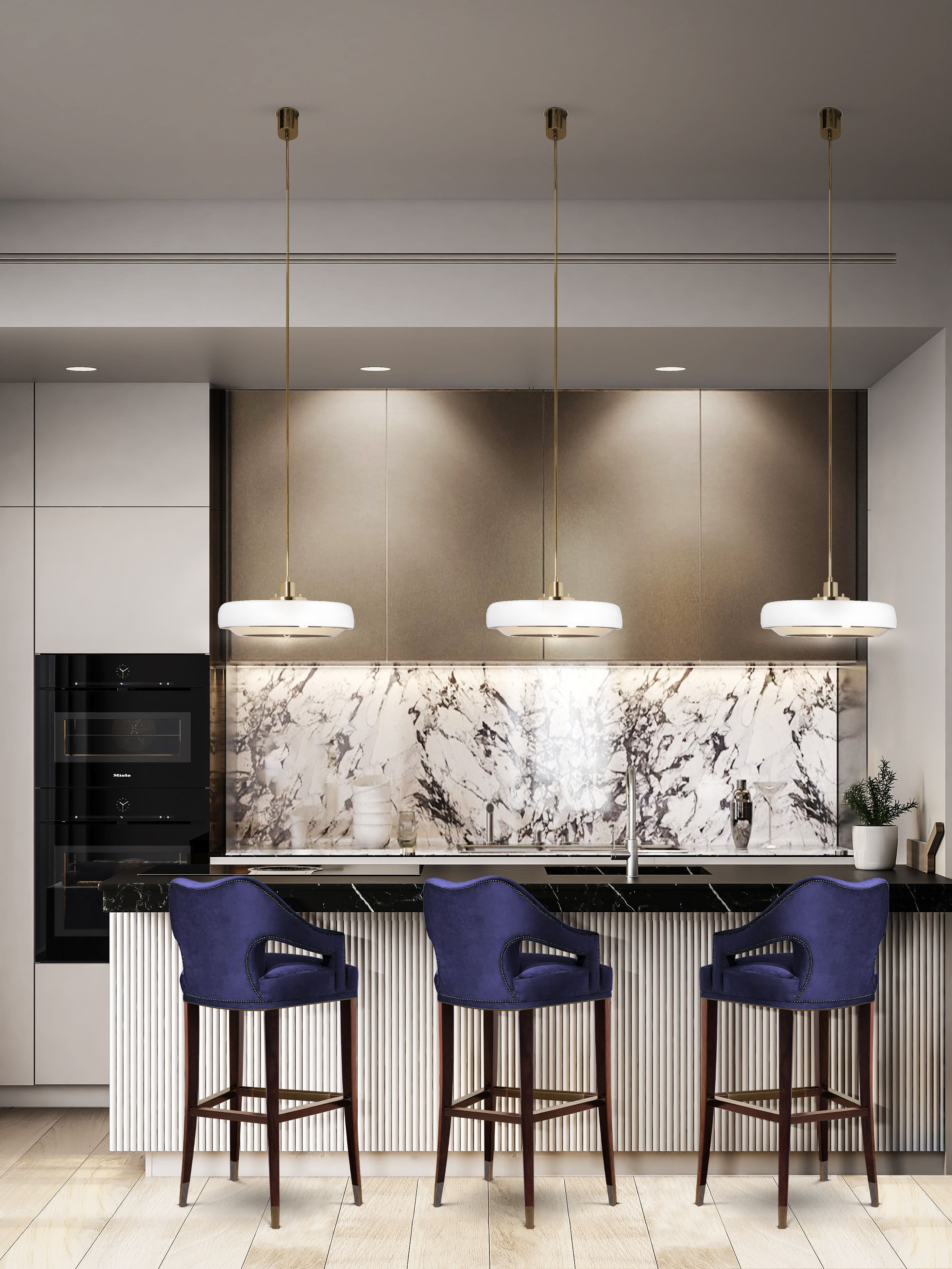Contemporary Kitchen With Neutral Tones And Purple Counter Stools - Home'Society