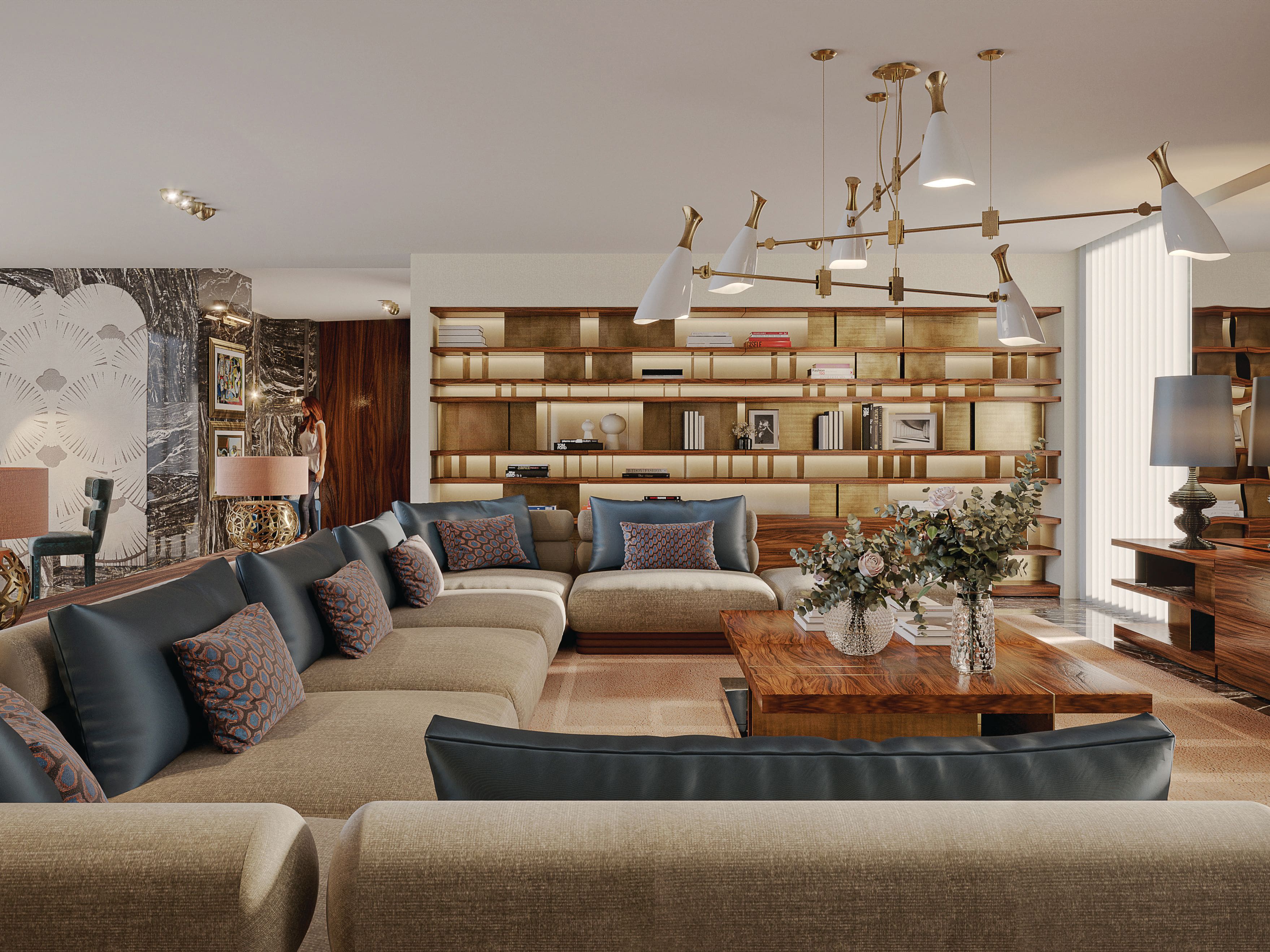Wooden Living Room Design With Golden And Blue Elements - Home'Society