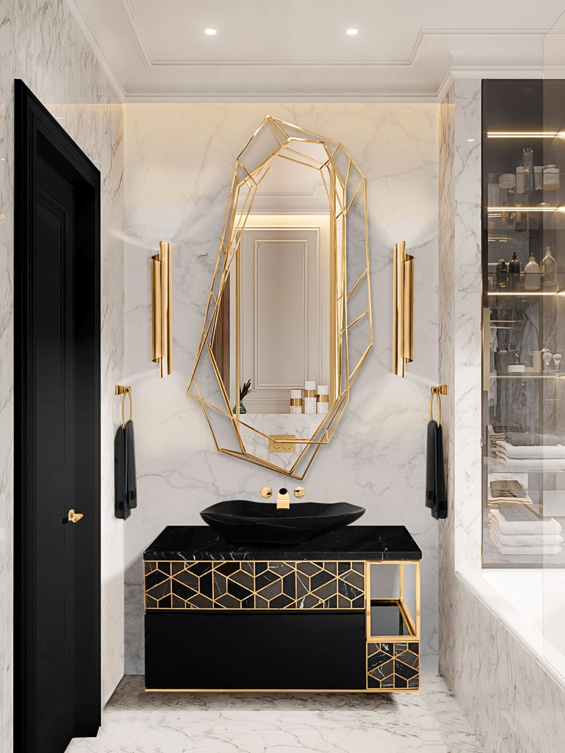 Monochromatic Luxury Bathroom With Patterned Suspension Cabinet - Home'Society