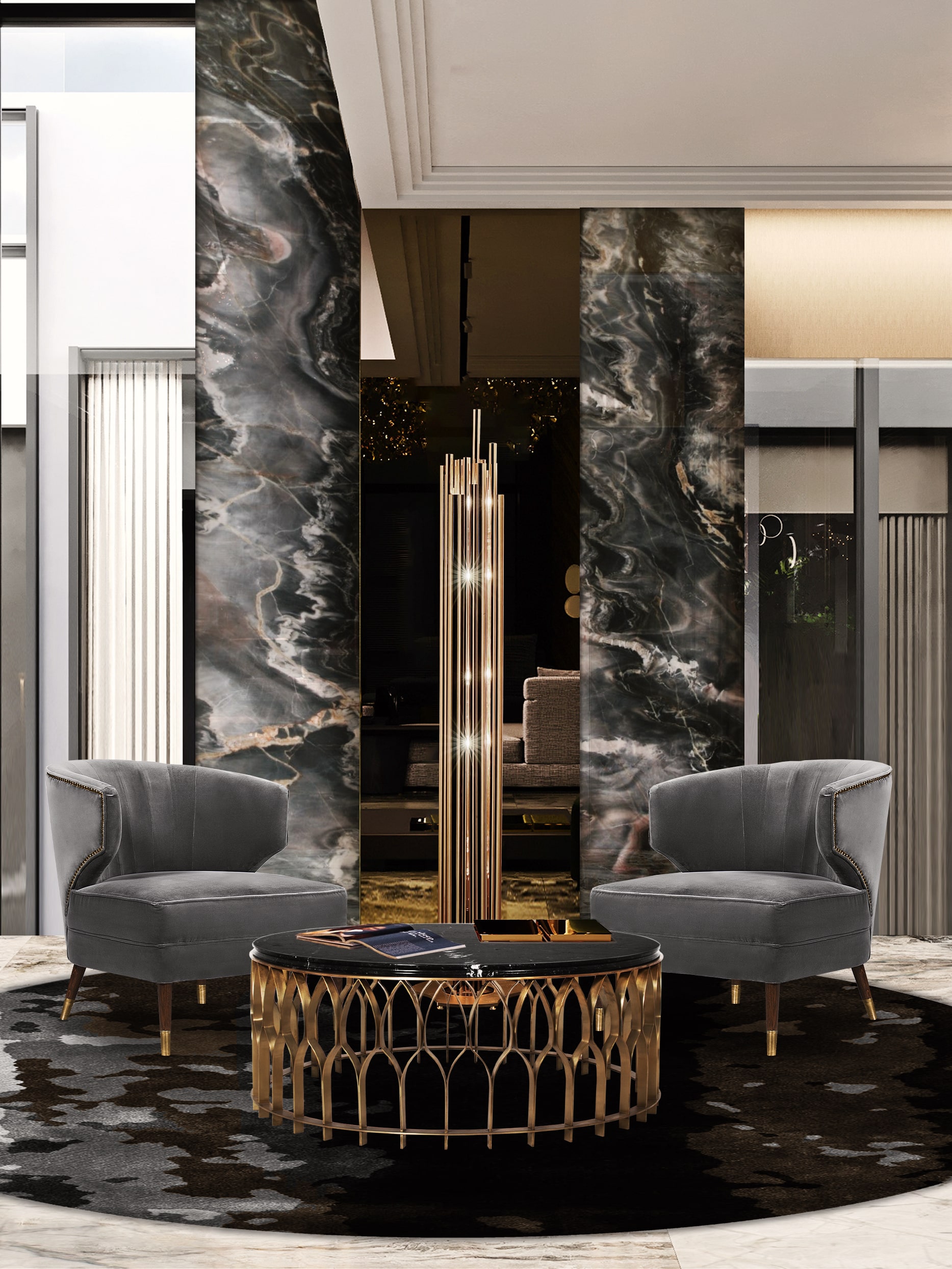 Luxurious Living Room Design With Grey Tones And Golden Delights - Home'Society