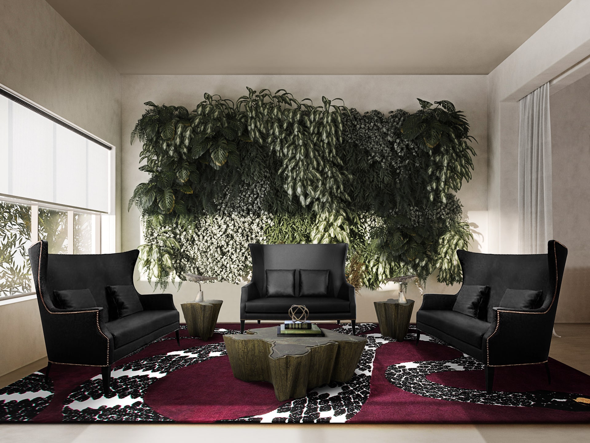 Dark Furniture Living Room Design With Purple Rug - Home'Society