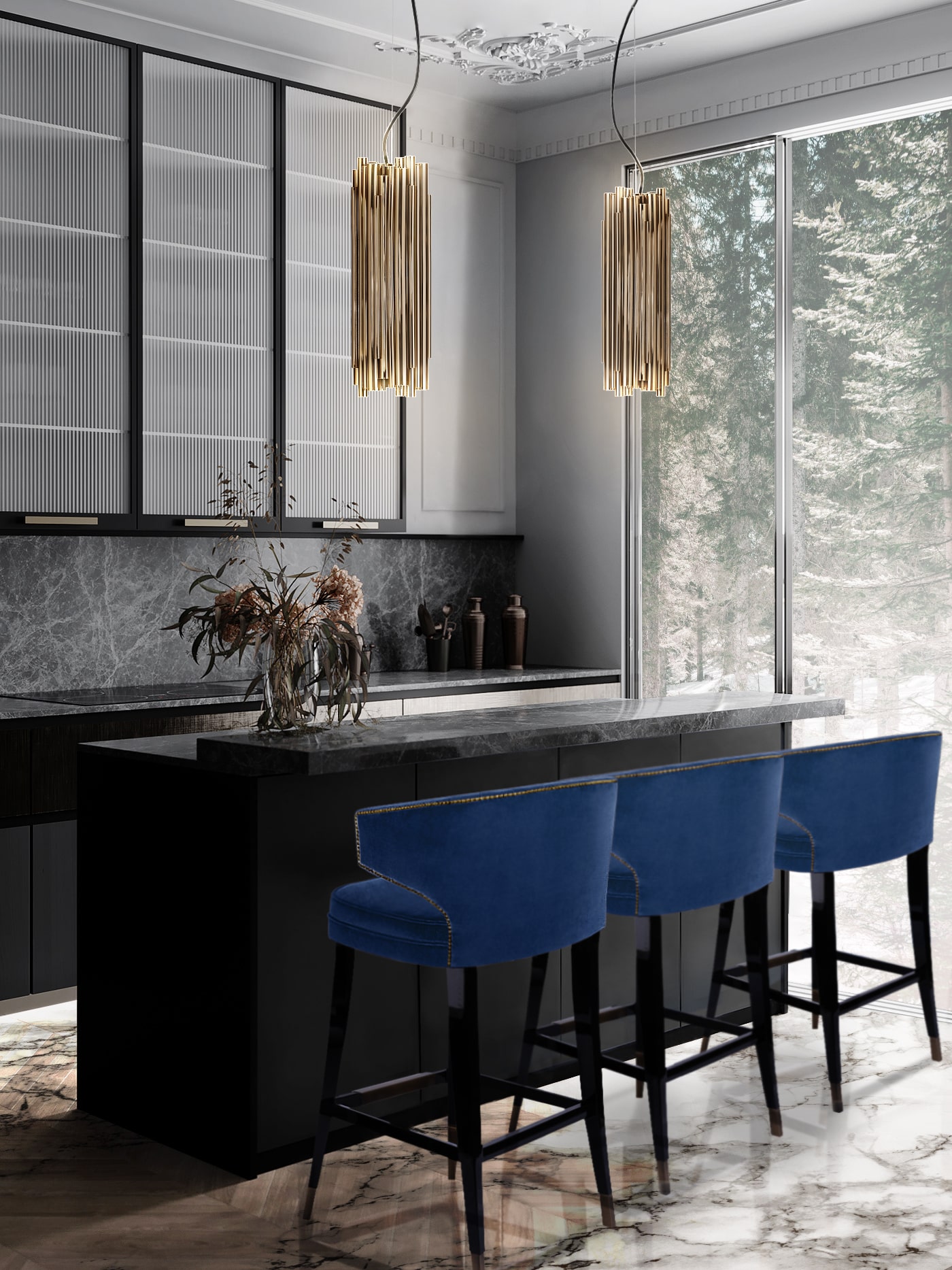 Grey Tones Kitchen Design With Outstanding Bar Stools And Golden Ceiling Lights - Home'Society