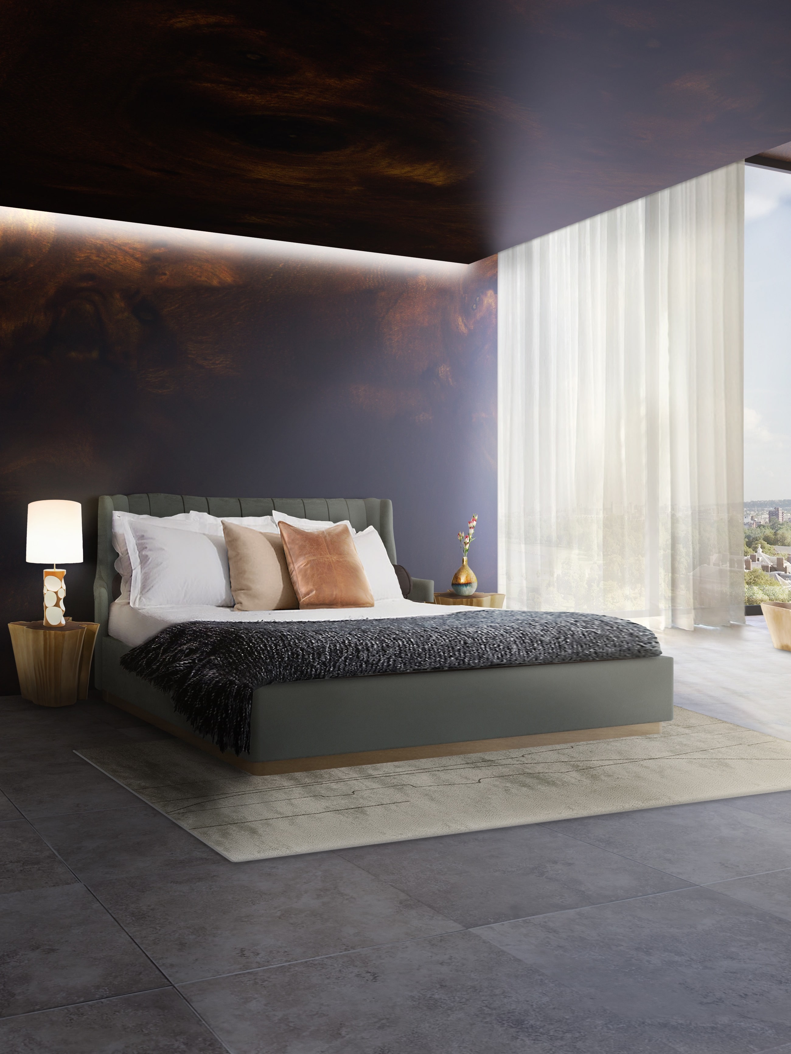 Nature Inspired Bedroom Design With Neutral Colors And Tree Inspire Side Table - Home'Society