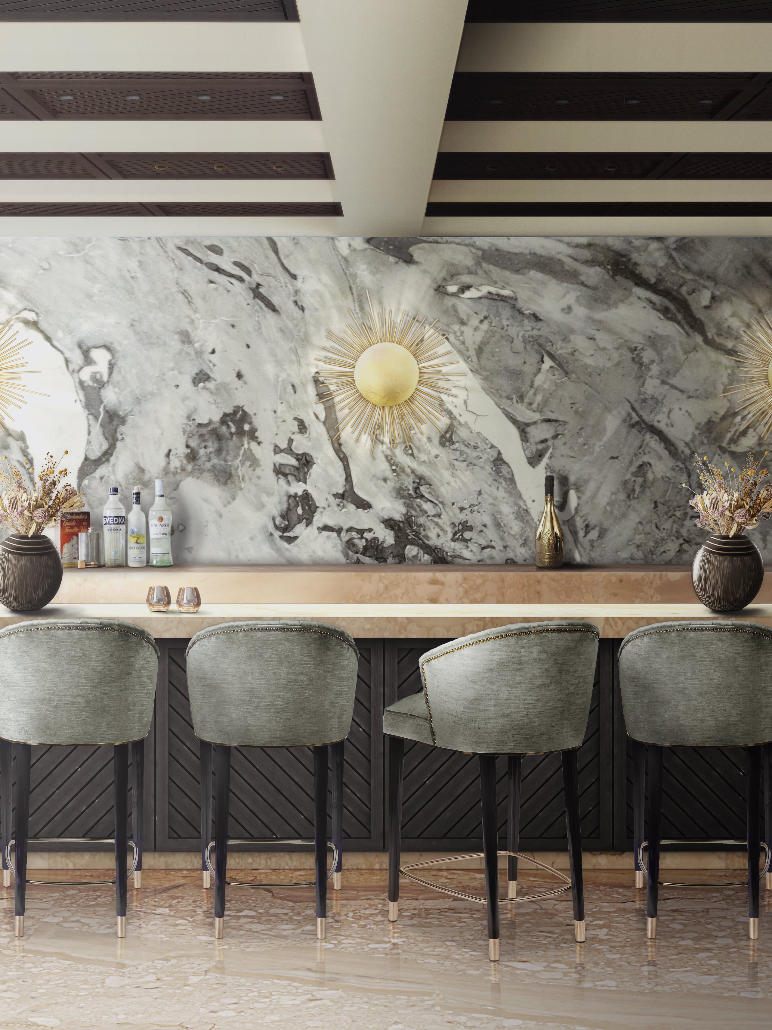 Unique Home Bar Design with Brass Wall Light and Modern Velvet Counter Stools - Home'Society