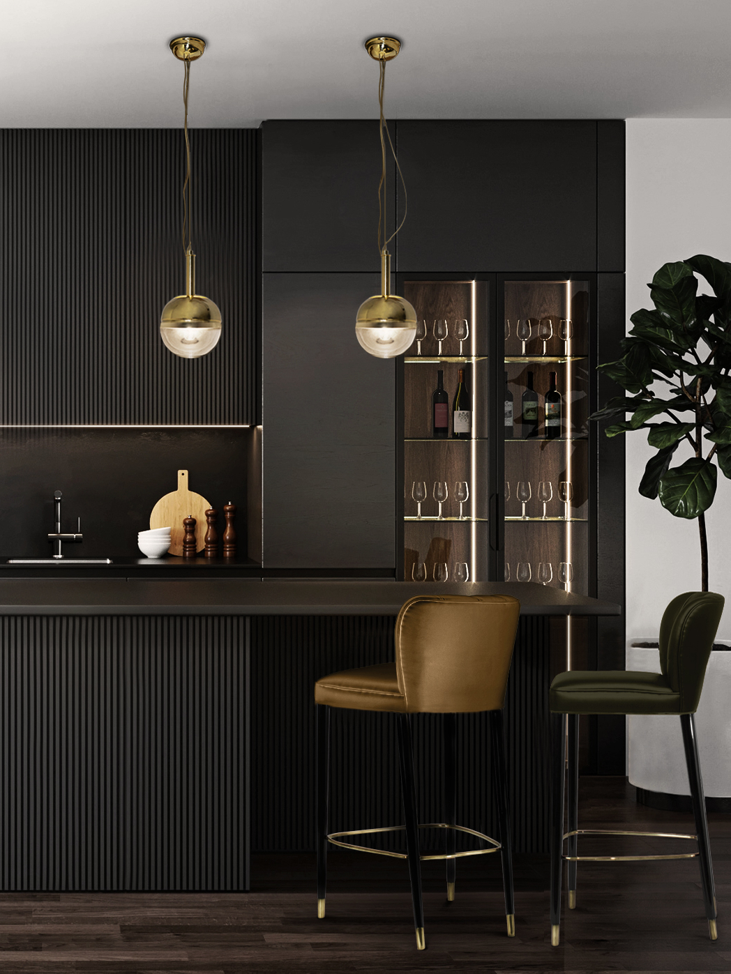 Modern Midcentury Home Bar Design with Brass Pendant Light - Home'Society
