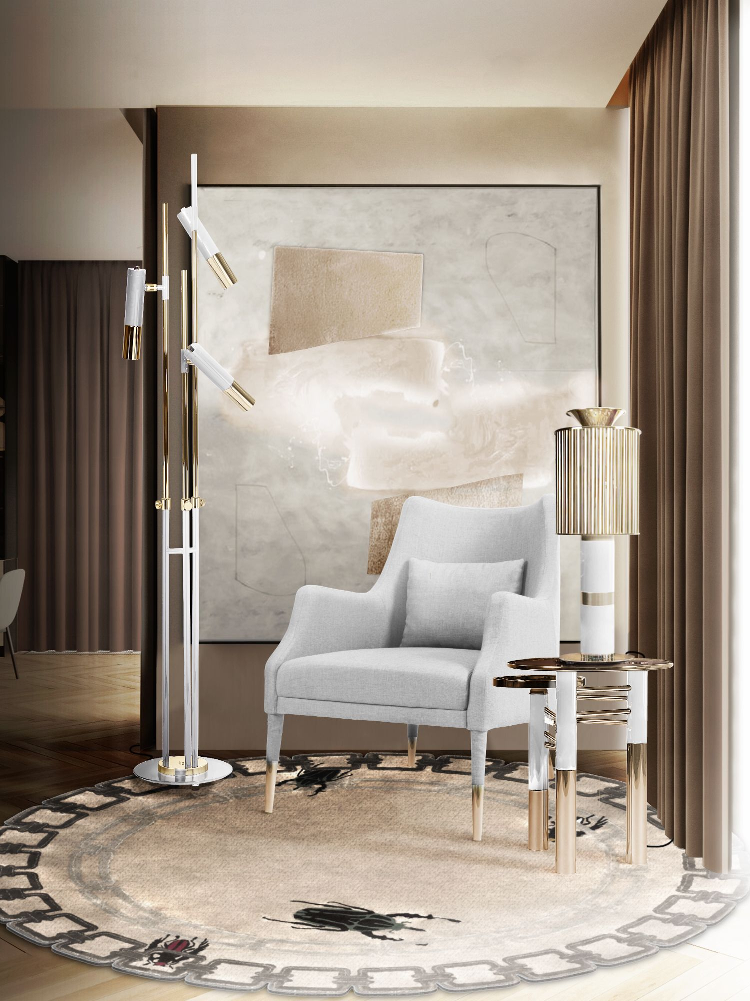 Modern Reading Corner in Silver and Gold with a Botanical Silk Round Rug - Home'Society