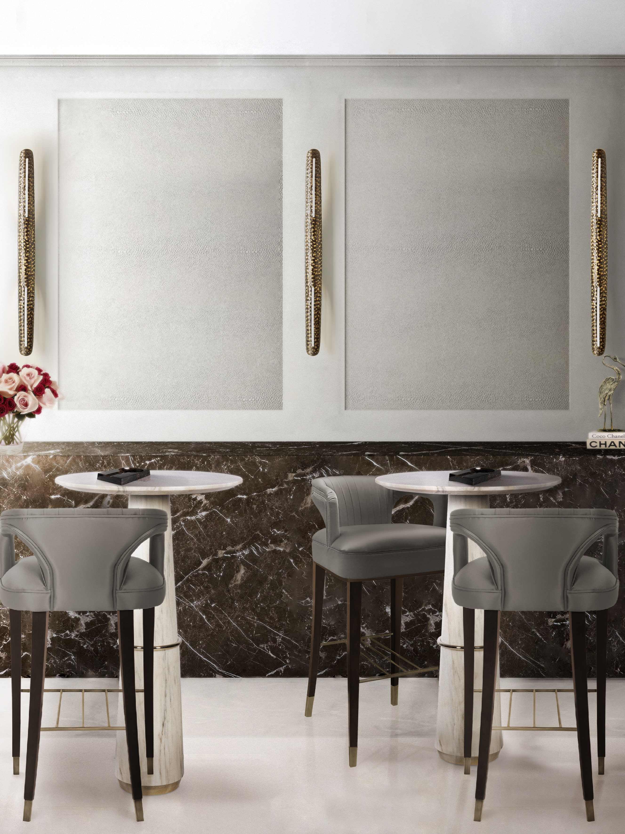Modern Bar Design With Satin Bar Chair, Brass Wall Light and Marble Bar Table - Home'Society