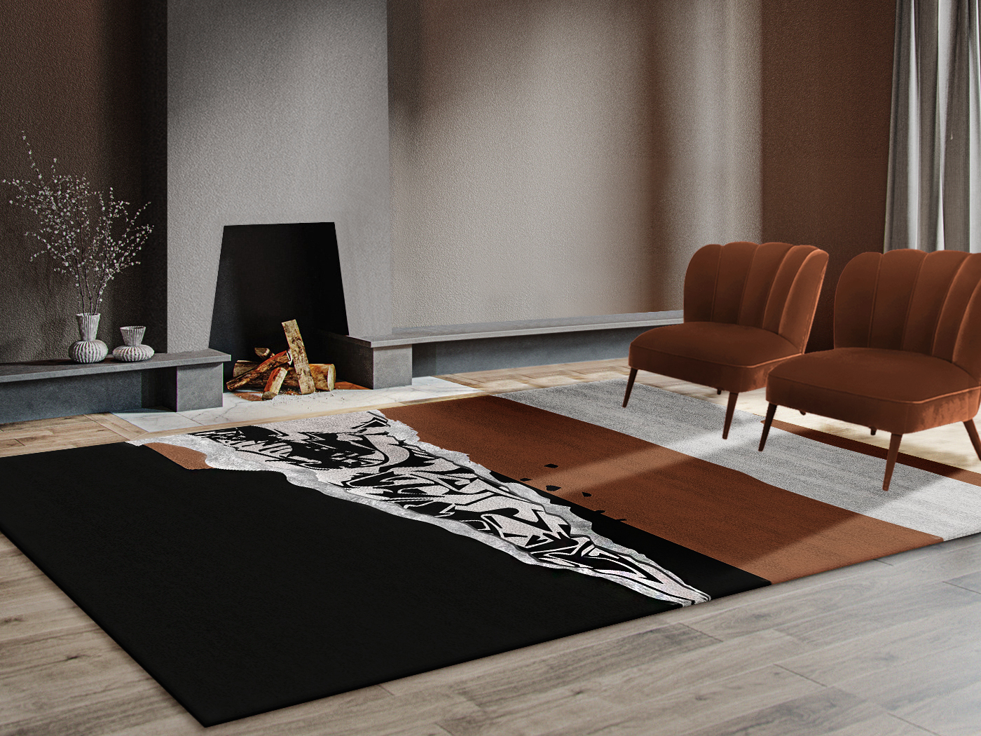 Modern Earth-Inspired Living Room Design with Brown Velvet Upholstered Armchair and Modern Area Rug - Home'Society