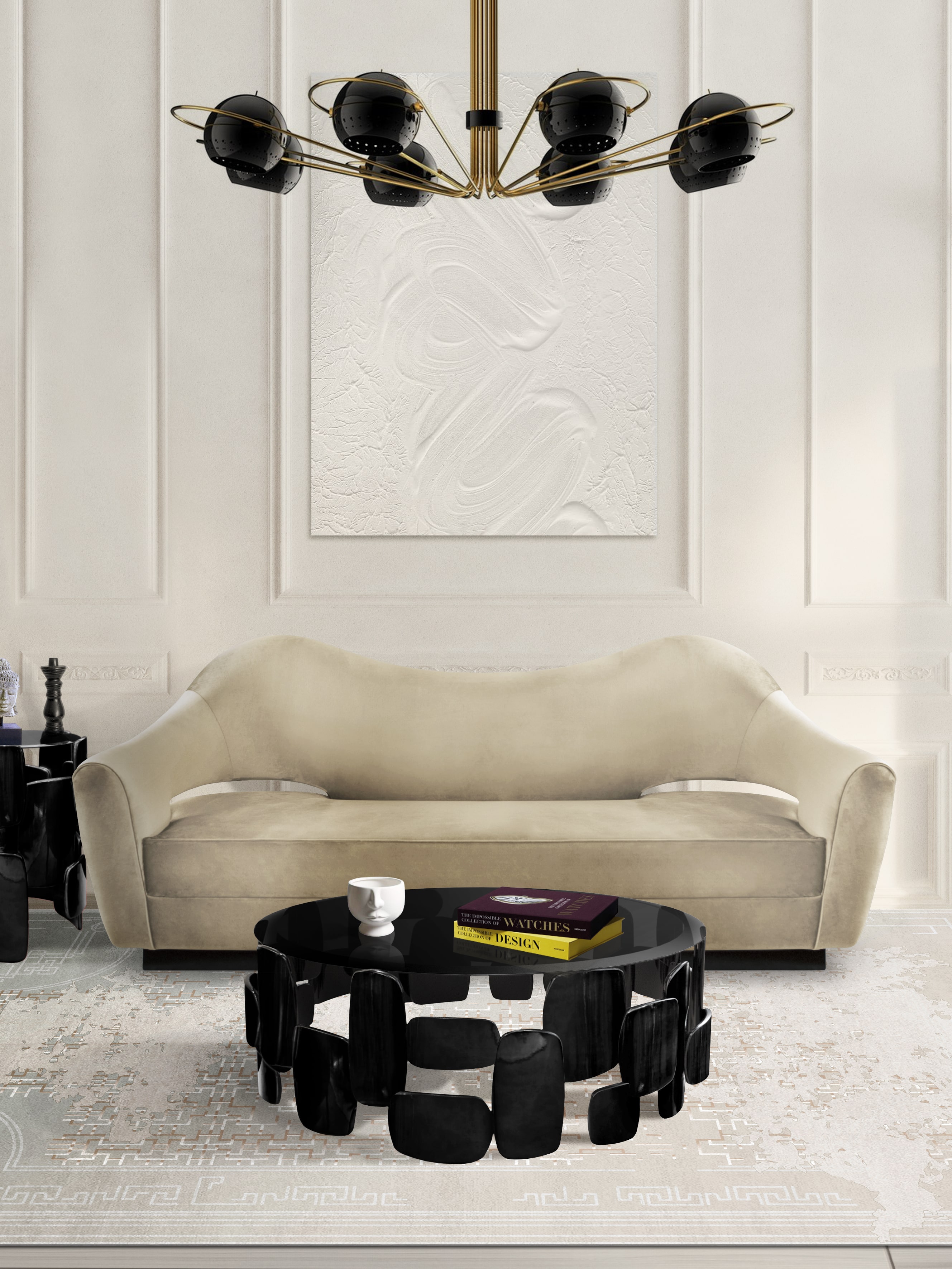 Modern Classic Living Room Design with Black Coffee Table and Modern Runner Rug - Home'Society