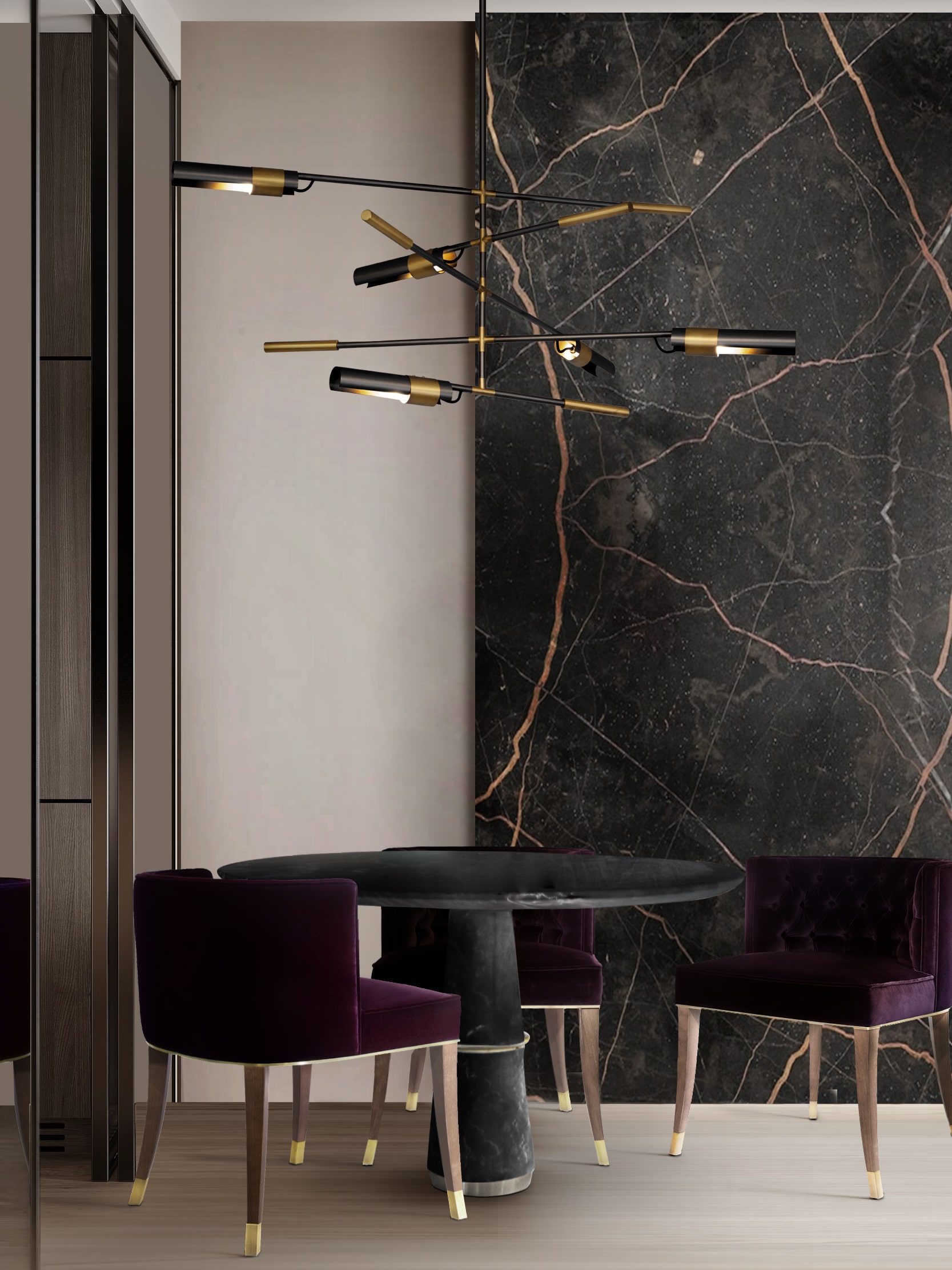 Modern Contemporary Dining Room with Velvet Dining Chair and Black Marble Round Dining Table - Home'Society